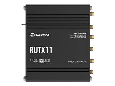 Schwarzes rechteckiges Modem mit der Aufschrift 'TELTONIKA RUTX11', mit Anschlüssen an der Seite für Konnektivität. Text gibt an, dass es in Litauen hergestellt wurde.