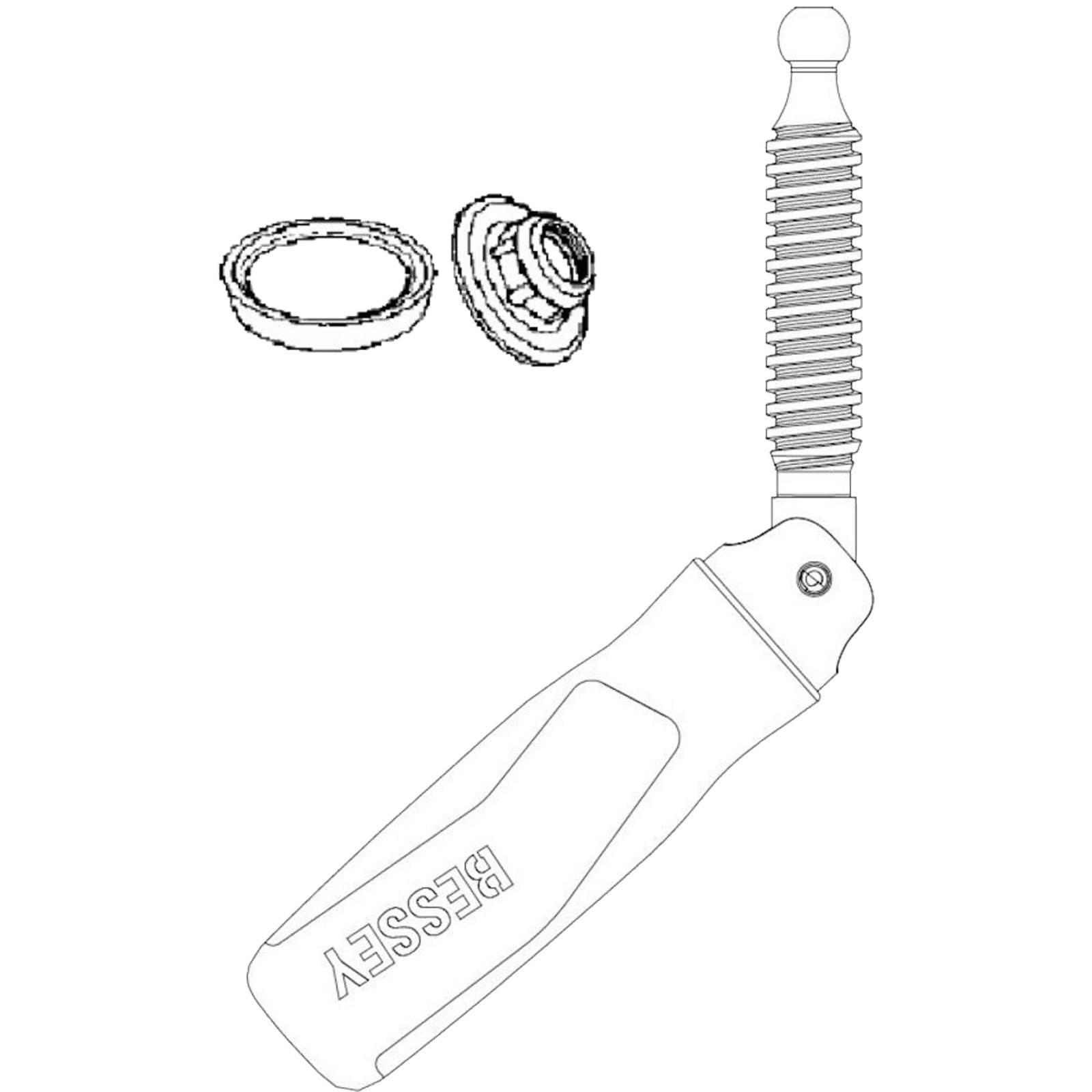 Ein Werkzeug mit einem spiralförmigen Griff wird neben kreisförmigen Komponenten gezeigt. Das Wort ‚Bessey' ist auf dem Griff des Werkzeugs geschrieben.