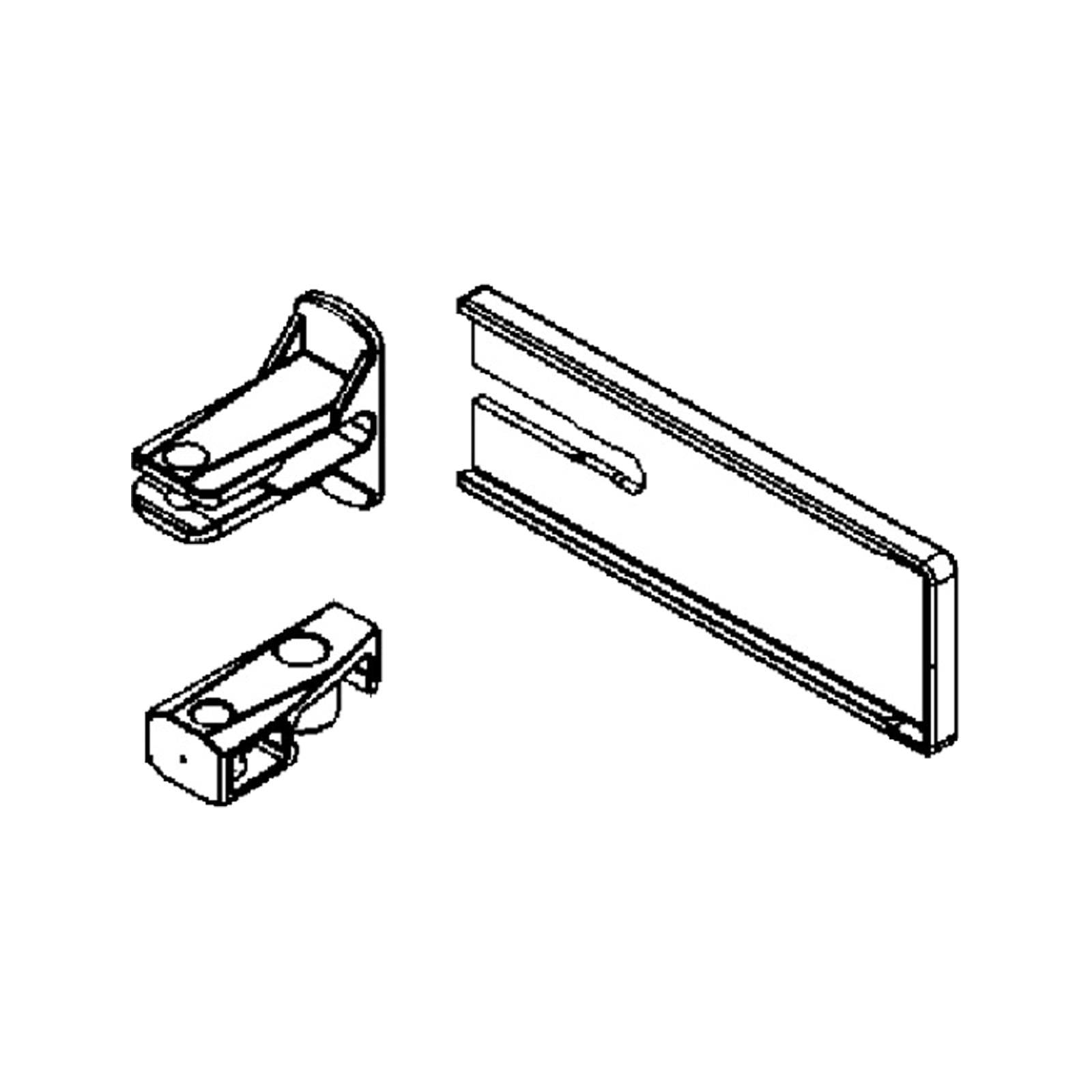 Technische Linienzeichnung von drei Kunststoff-Befestigungskomponenten, bestehend aus einer Klammer, einer Halterung und einem Halter, in verschiedenen Winkeln für die Montage positioniert.