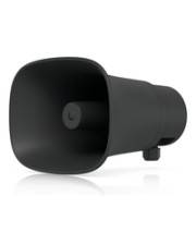 Ein schwarzer wandmontierter Lautsprecher mit einer quadratischen Öffnung, leicht nach rechts geneigt.