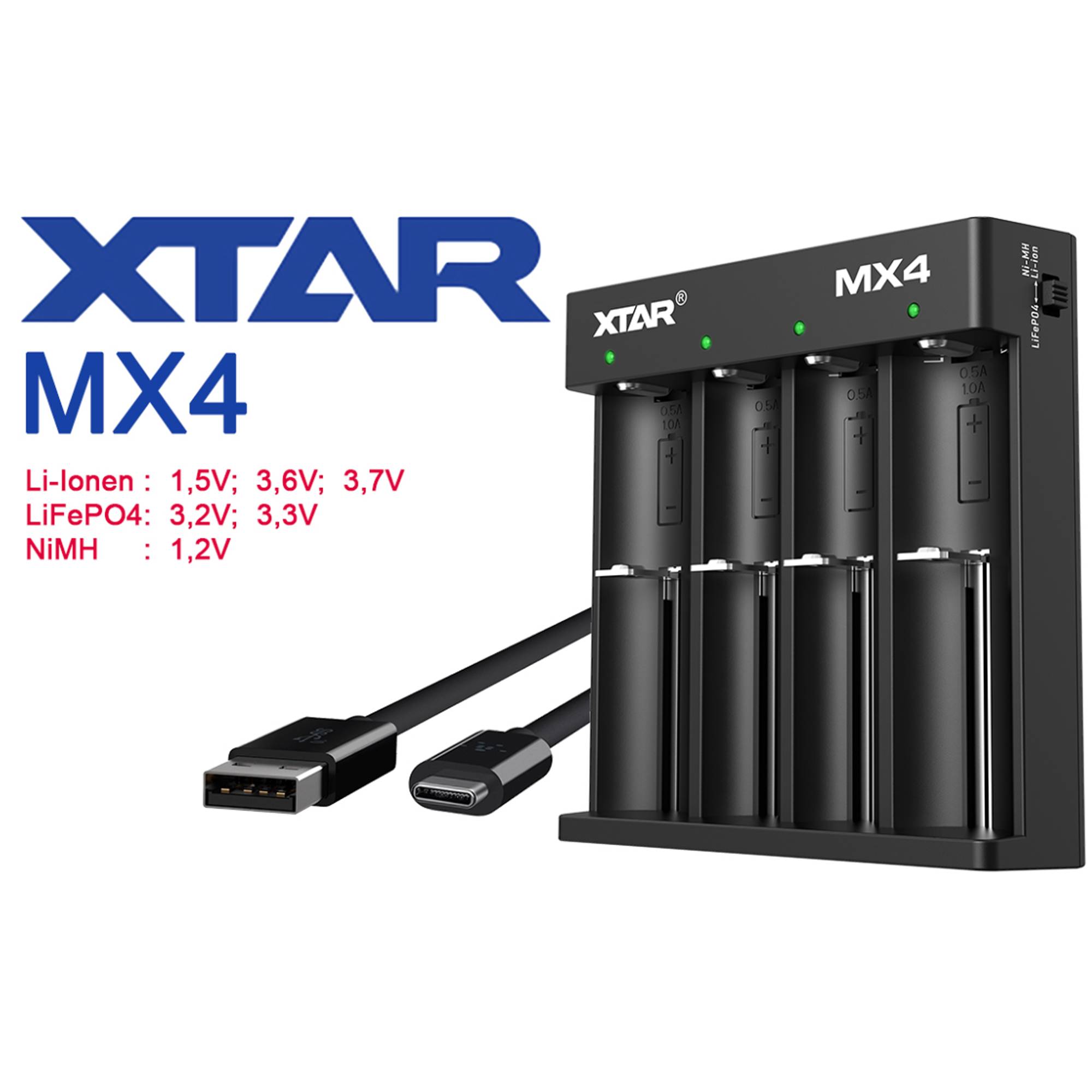 XTAR MX4 Ladegerät mit vier Batterieeinschüben und USB-C-Kabel. Unterstützt verschiedene Batterietypen: Lithium-Ionen, LiFePO4, NiMH mit angegebenen Spannungen.