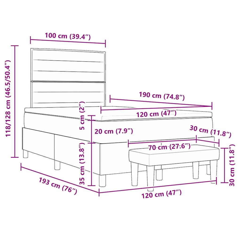 Bettdiagramm mit Maßen: Höhe 118/128 cm, Breite 193 cm, Länge 190 cm. Kopfteileinhöhe 118/128 cm. Bank: 120 cm x 30 cm.