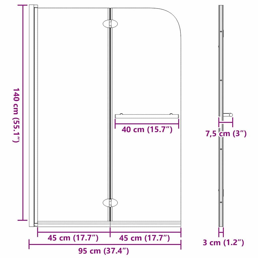 Duschglastür-Diagramm mit Maßen. Höhe: 140 cm (55,1