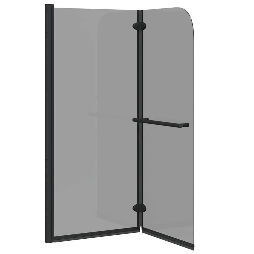 Eine Duschkabinentür mit Eckanschluss, schwarzem Rahmen und Glaspaneelen, ausgestattet mit einem horizontalen Griff auf dem rechten Panel.