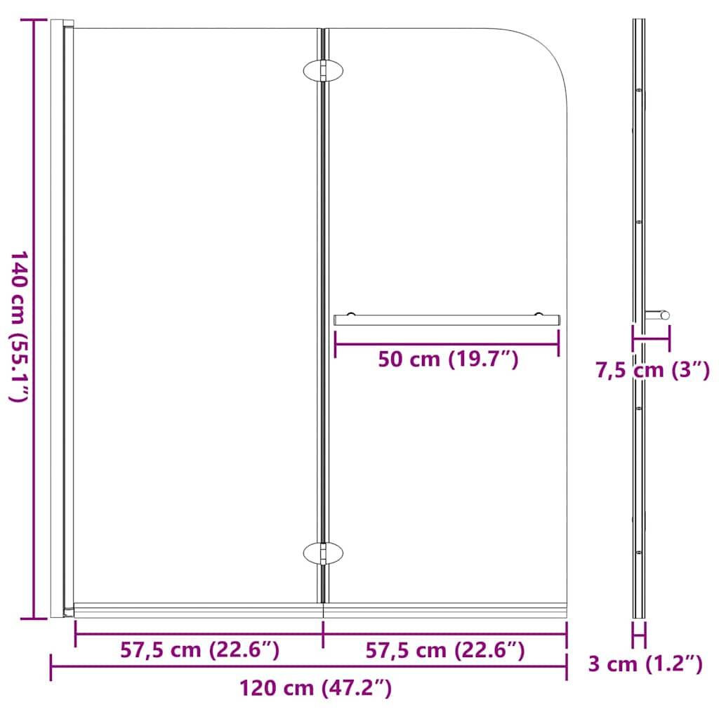 Duschglastür mit einer Höhe von 140 cm (55,1 Zoll) und einer Breite von 120 cm (47,2 Zoll). Inklusive Details zum Griff und Scharnier.