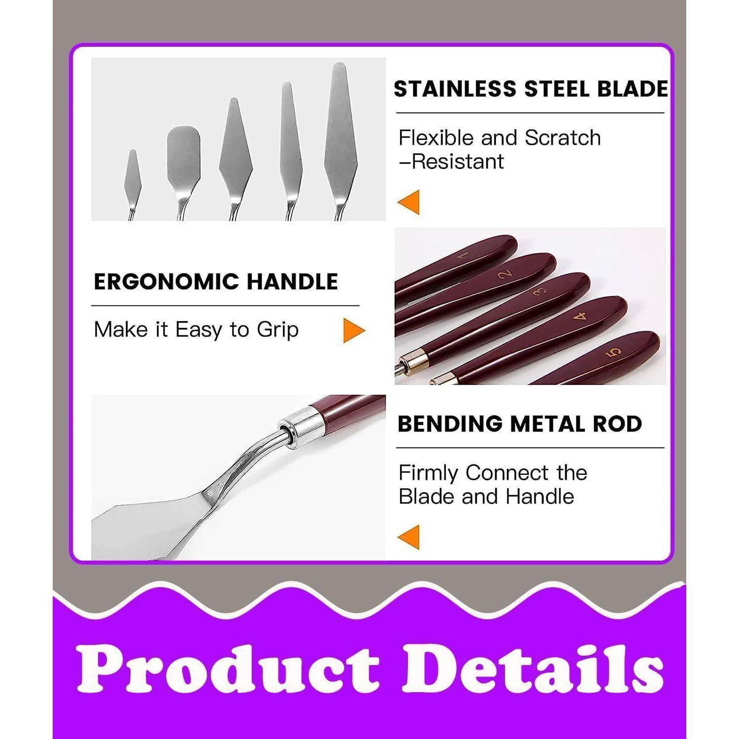 Produktdetails mit Bildern einer Edelstahlklinge, ergonomischen Griffes und eines gebogenen Metallstabes. Eigenschaften: flexibel, kratzfest, leicht zu greifen, fest verbunden.