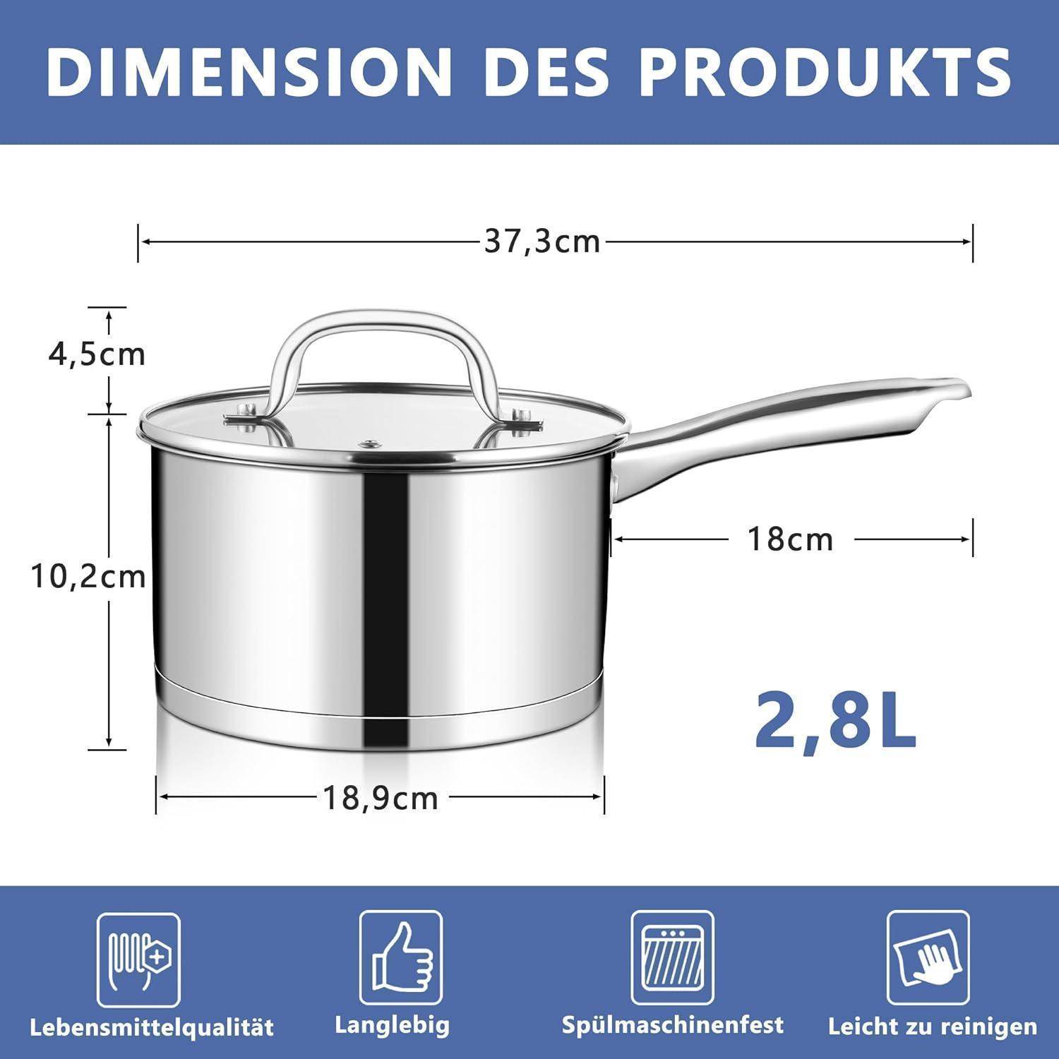 Produktabmessungen' Bild, das einen Kochtopf mit Griff zeigt. Abmessungen: 37,3 cm lang mit Griff, 18,9 cm Bodendurchmesser. Kapazität: 2,8 L. Enthält Eigenschaften: lebensmittelecht, langlebig, geschirrspülmaschinengeeignet, einfach zu reinigen.