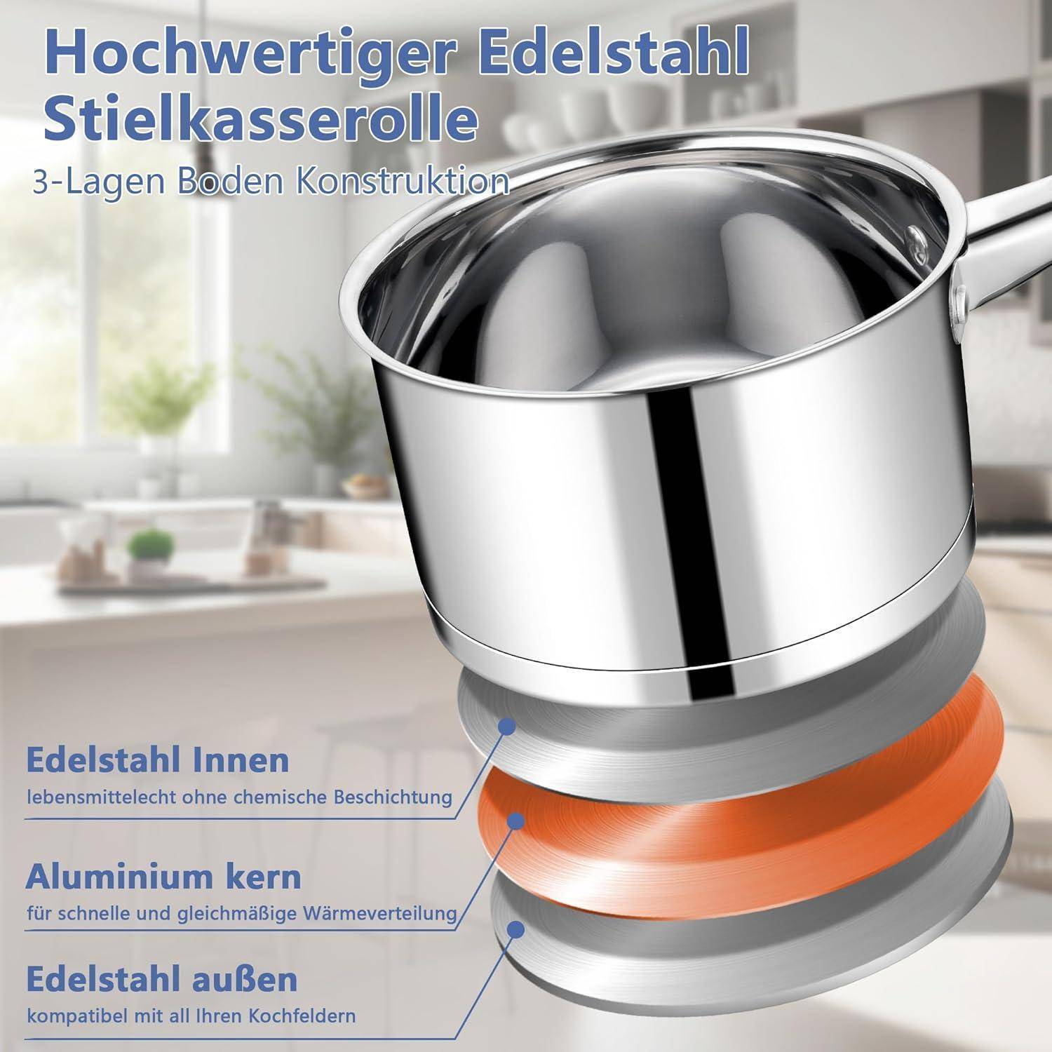 Hochwertiger Edelstahl-Kochtopf mit einer Drei-Schichten-Bodenkonstruktion; Innenschicht, Aluminiumkern für Wärmeleitung und äußere Schichten.
