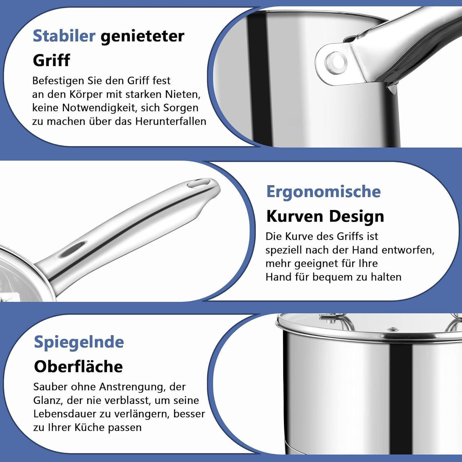 Ein Kochtopf mit einem stabilen genieteten Griff wird gezeigt, wobei sein ergonomisches Design hervorgehoben wird, das sich bequem in der Hand anfühlt. Text auf Deutsch begleitet das Bild.