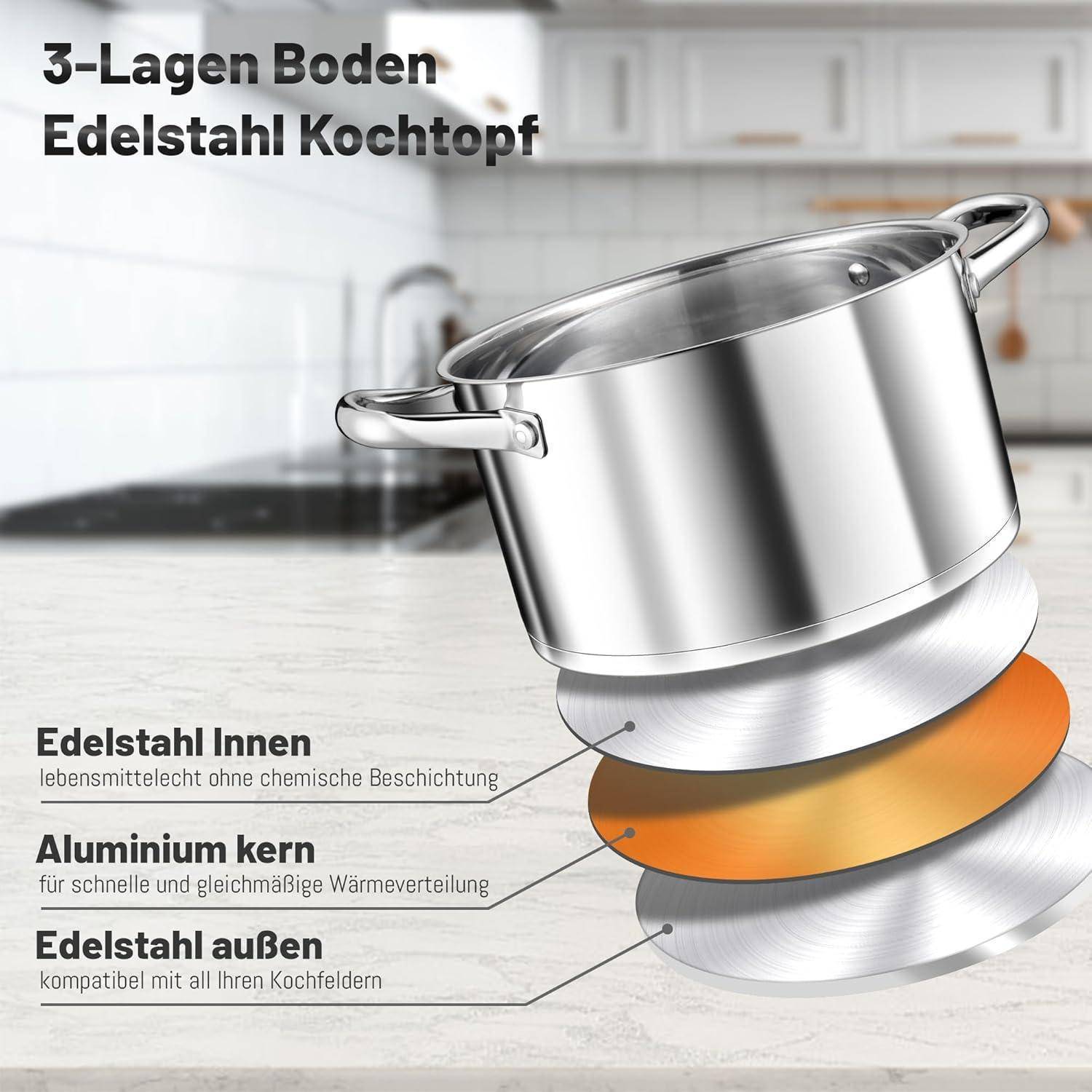 Ein Edelstahlkochtopf mit einer Drei-Schichten-Basis, der einen Querschnitt seiner Schichten zeigt: Edelstahlkern, Aluminiumzentrum und Stahlhülle.