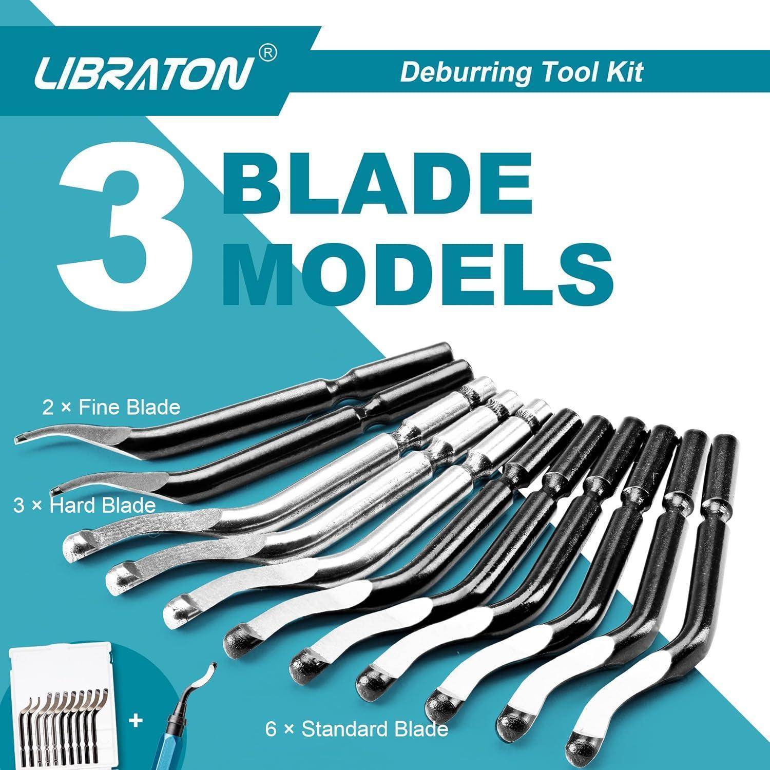 LIBRATON Entgratungswerkzeug-Set: 3 Klingenmodelle. Enthält 2 Feinschliff-Klingen, 3 Harte Klingen, 6 Standard-Klingen. Werkzeuge wie im Bild abgebildet.