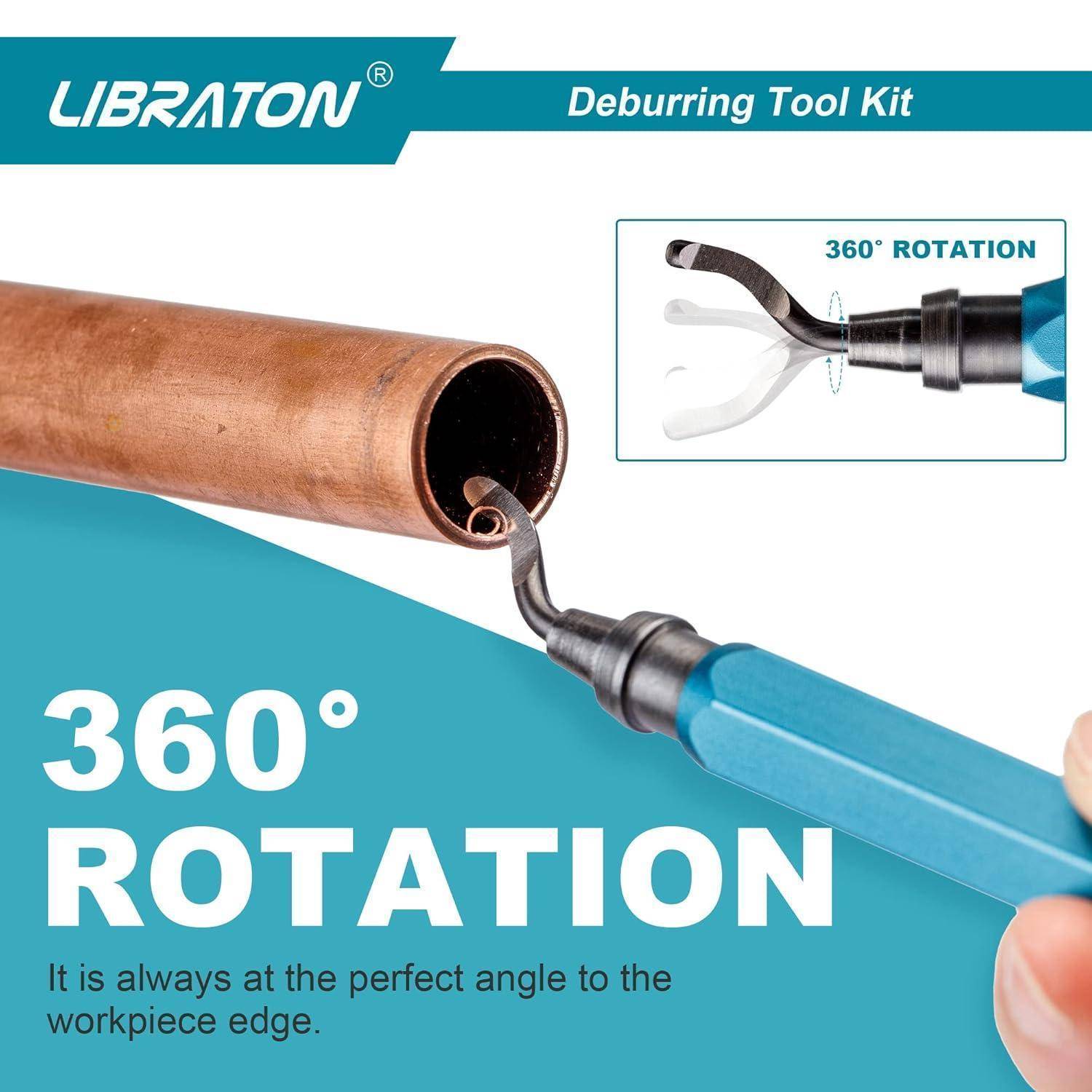 Vorführung eines Entgratungswerkzeug-Sets, mit Schwerpunkt auf '360° ROTATION' für präzise Kantenbarbeitung an Rohren. Mit Nahaufnahme der Werkzeugverwendung.