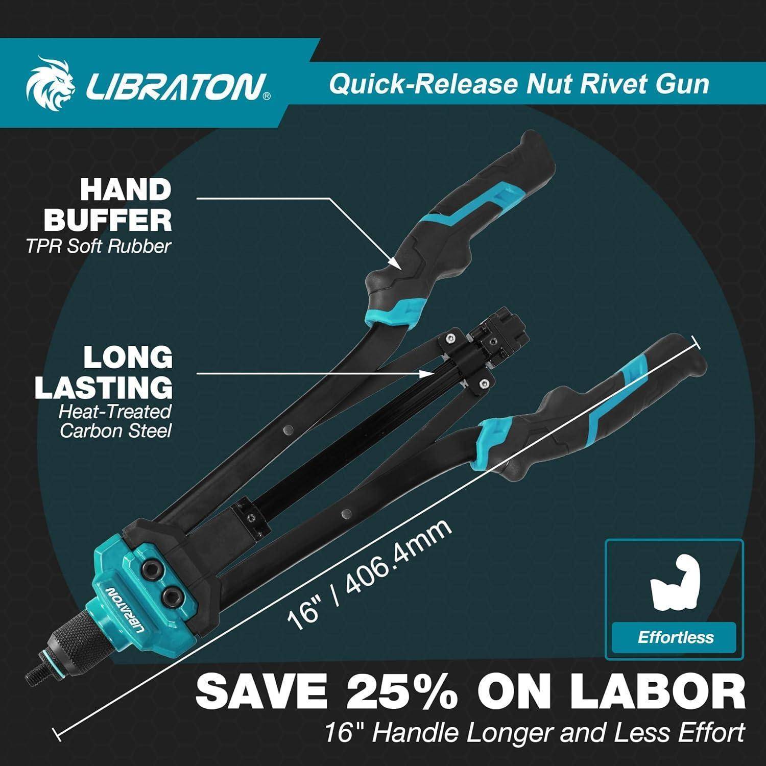 Libraton Schnellspann-Mutternnietzpistole mit ergonomischen Griffen. Ausgestattet mit Handpuffer und robustem Kohlenstoffstahl für mühelos Handhabung. Sparen Sie 25% an Arbeitszeit mit 16-Zoll-Griff.