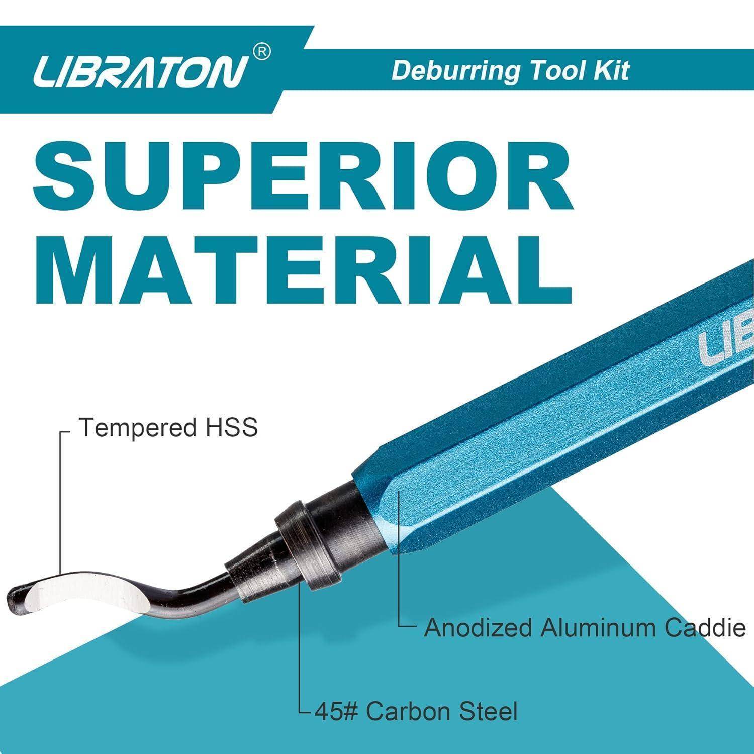 Entgratungswerkzeug mit blauem Griff, beschriftet mit 'Libraton'. Merkmale umfassen gehärtete HSS-Klinge, eloxierte Aluminiumablage, 45# Kohlenstoffstahl.