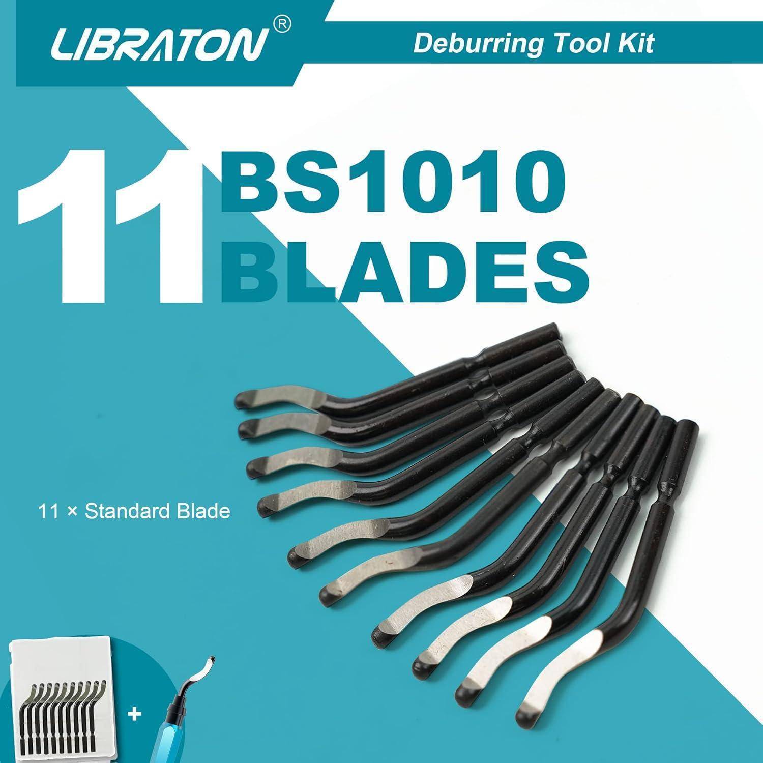 LIBRATON Entgratungswerkzeug-Set 11 KLINGE BS1010, dargestellt mit schwarzen gebogenen Klingen und einer weißen Standard-Klingenillustration.