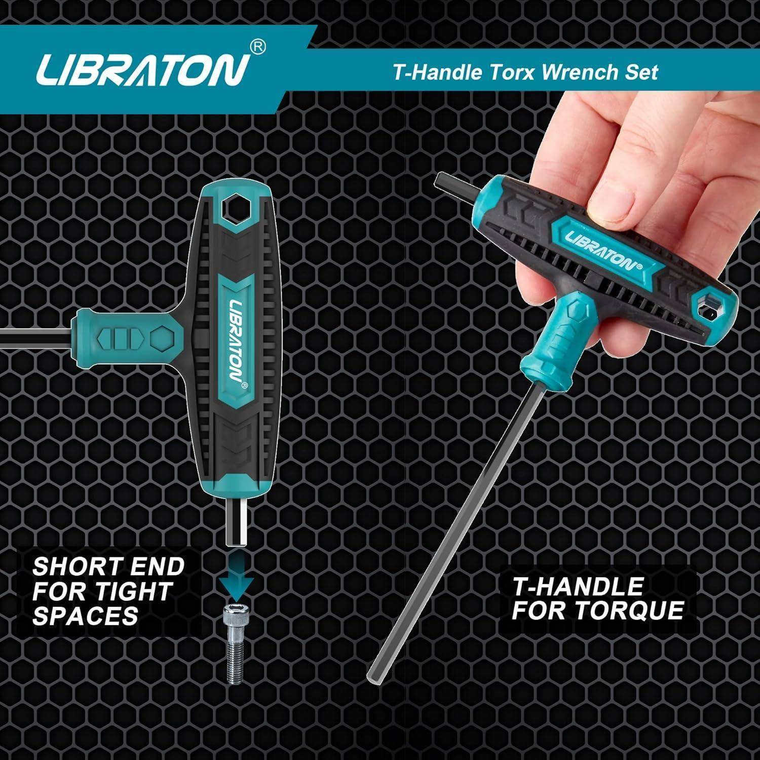 T-Griff Torx-Schraubendreher-Set mit kurzem Ende für enge Räume und T-Griff zum Anziehen, vor einem sechseckigen Musterhintergrund.
