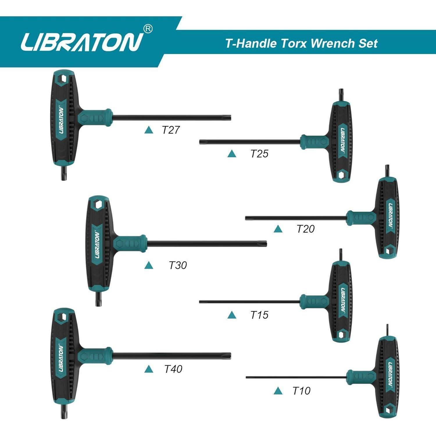 T-Griff Torx-Schraubendreher-Set mit sechs verschiedenen Größen: T10, T15, T20, T25, T27, T30, T40. Jeder Schraubendreher ist mit seiner Größe und Marke beschriftet.