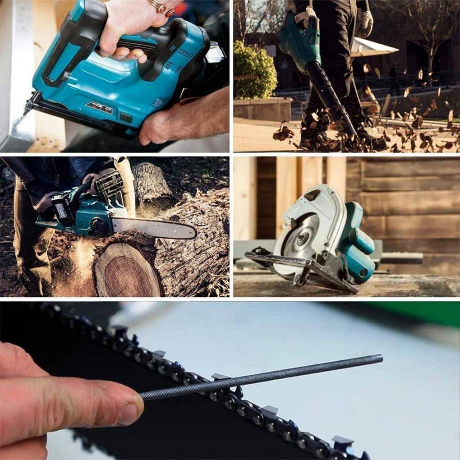 Verschiedene Elektrowerkzeuge im Einsatz: eine Stichsäge, eine Kettensäge beim Holzschneiden, eine Kreissäge und eine Feile, die eine Kettensägenklinge schärft. Outdoor-Umgebung.