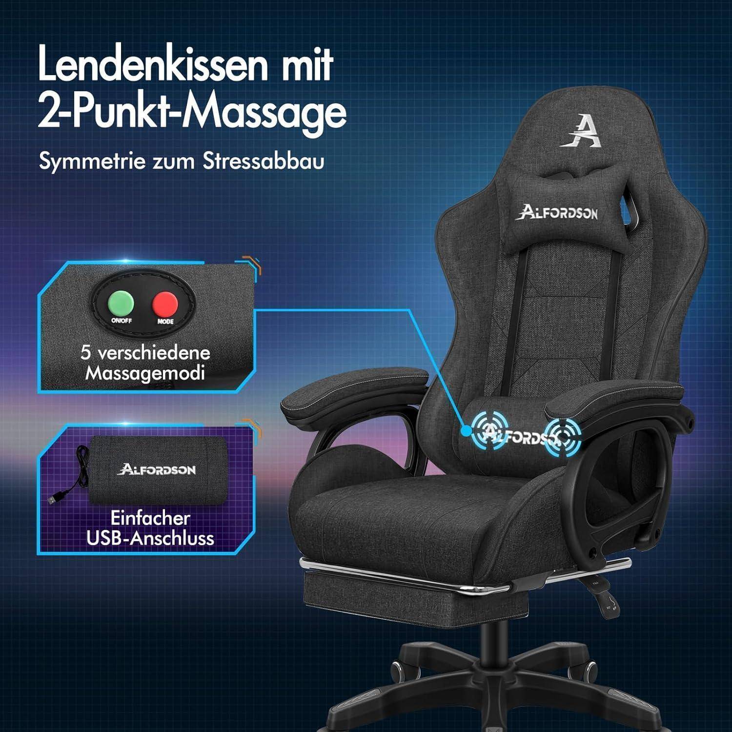 Gaming-Stuhl mit Lendenkissen, das eine 2-Punkt-Massage, fünf Massagemodi und einen USB-Anschluss zur Stressreduzierung bietet.