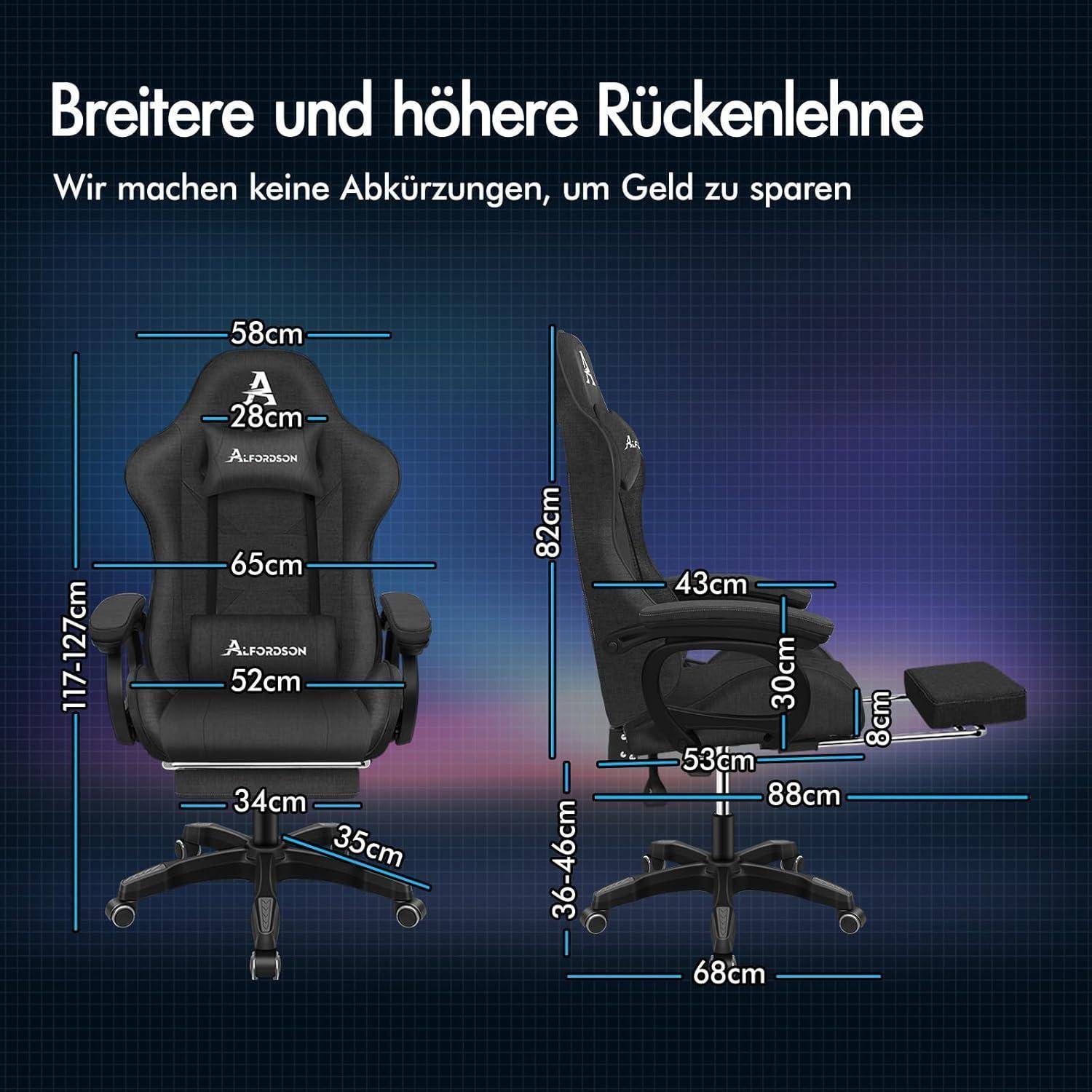 „Stuhl mit ‚breiterem und höherem Rücken' auf Deutsch beschriftet, mit Maßangaben für Breite, Höhe und verstellbare Funktionen.