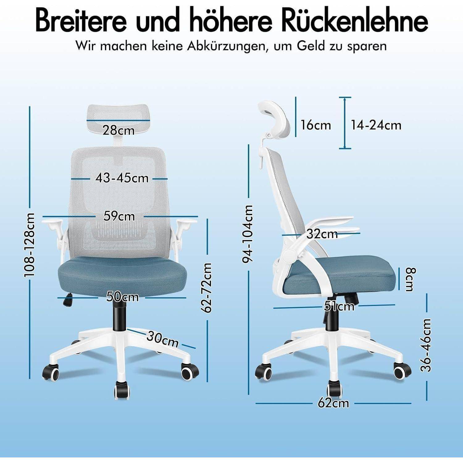 Bürostuhl 'Breitere und höhere Rückenlehne' mit verstellbarer Kopfstütze, Armlehnen und Lendenwirbelstütze, dargestellt mit Messungen in Zentimetern.