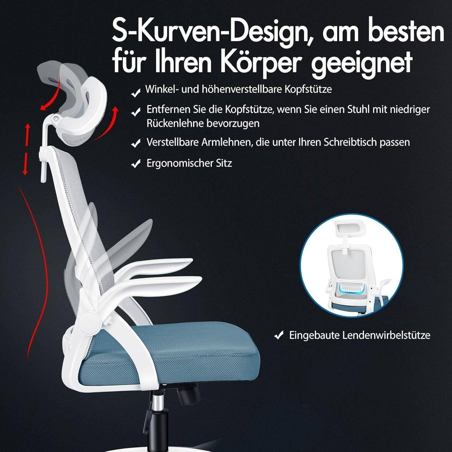 Ergonomischer Bürostuhl mit verstellbarer Kopfstütze und Armlehnen, blauer Sitzfläche und Lordosenstütze, entwickelt für optimalen Körperkomfort.