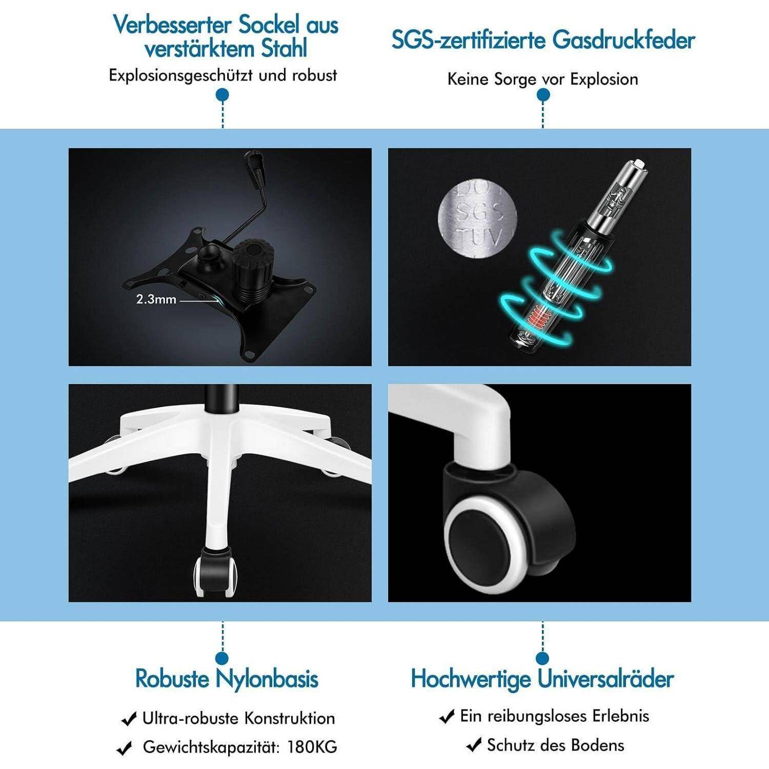 Verbesserter Sockel aus verstärktem Stahl unterstreicht den Explosionsschutz. Die SGS-zertifizierte Gasdruckfeder garantiert sorglose Sicherheit. Die robuste Nylonbasis zeigt eine Tragfähigkeit von 180 kg. Hochwertige Universalräder gewährleisten Bodenfreundlichkeit.