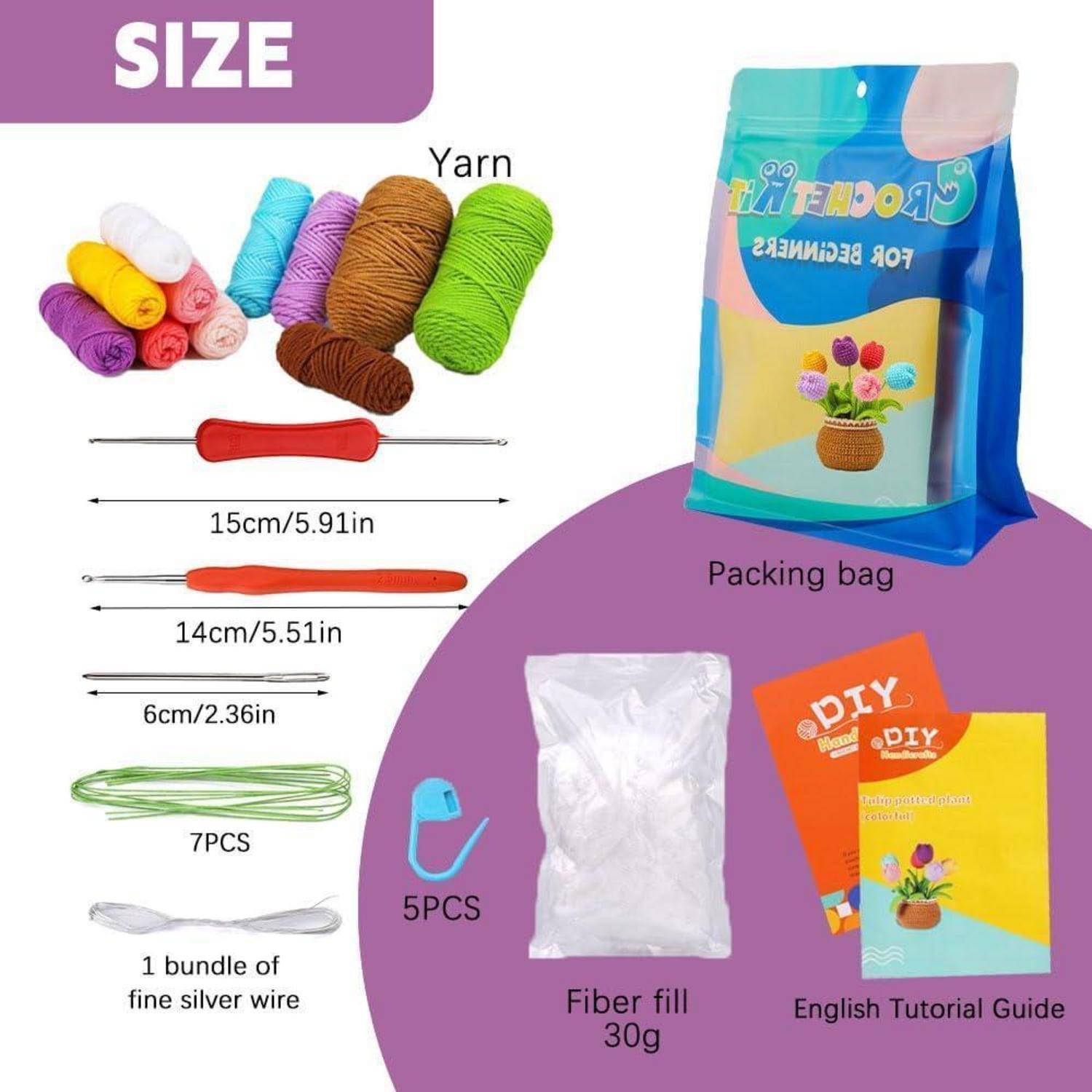 Häkel-Starter-Set für Anfänger enthält mehrfarbiges Garn, Häkelnadeln (15 cm, 14 cm), Nadel, Draht, Stopffaser, Tragetasche und Anleitung.