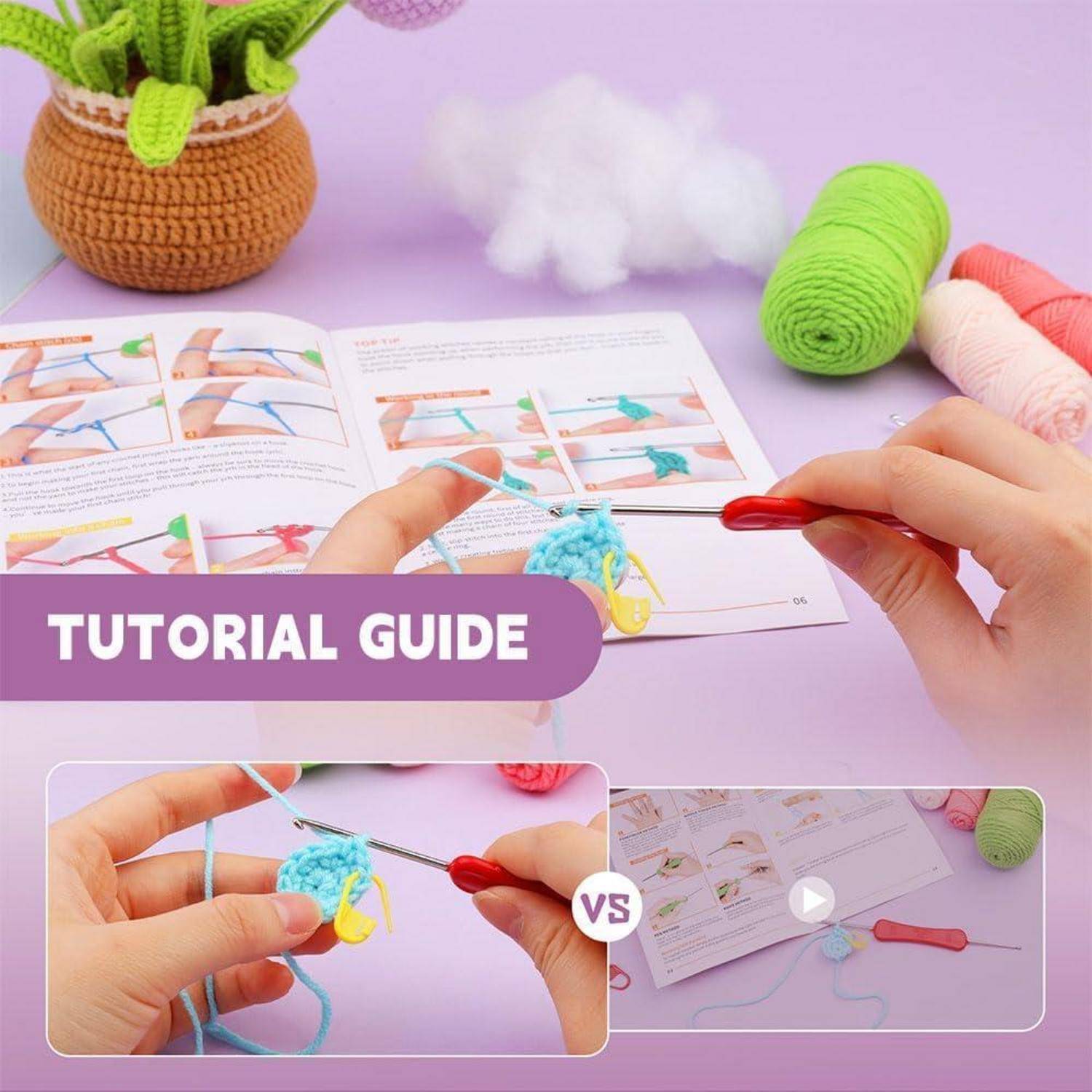 Häkel-Tutorial: Schritt-für-Schritt-Anleitung mit Werkzeugen und Garn. Nahaufnahme von Händen beim Häkeln, die illustrierten Anweisungen folgend.