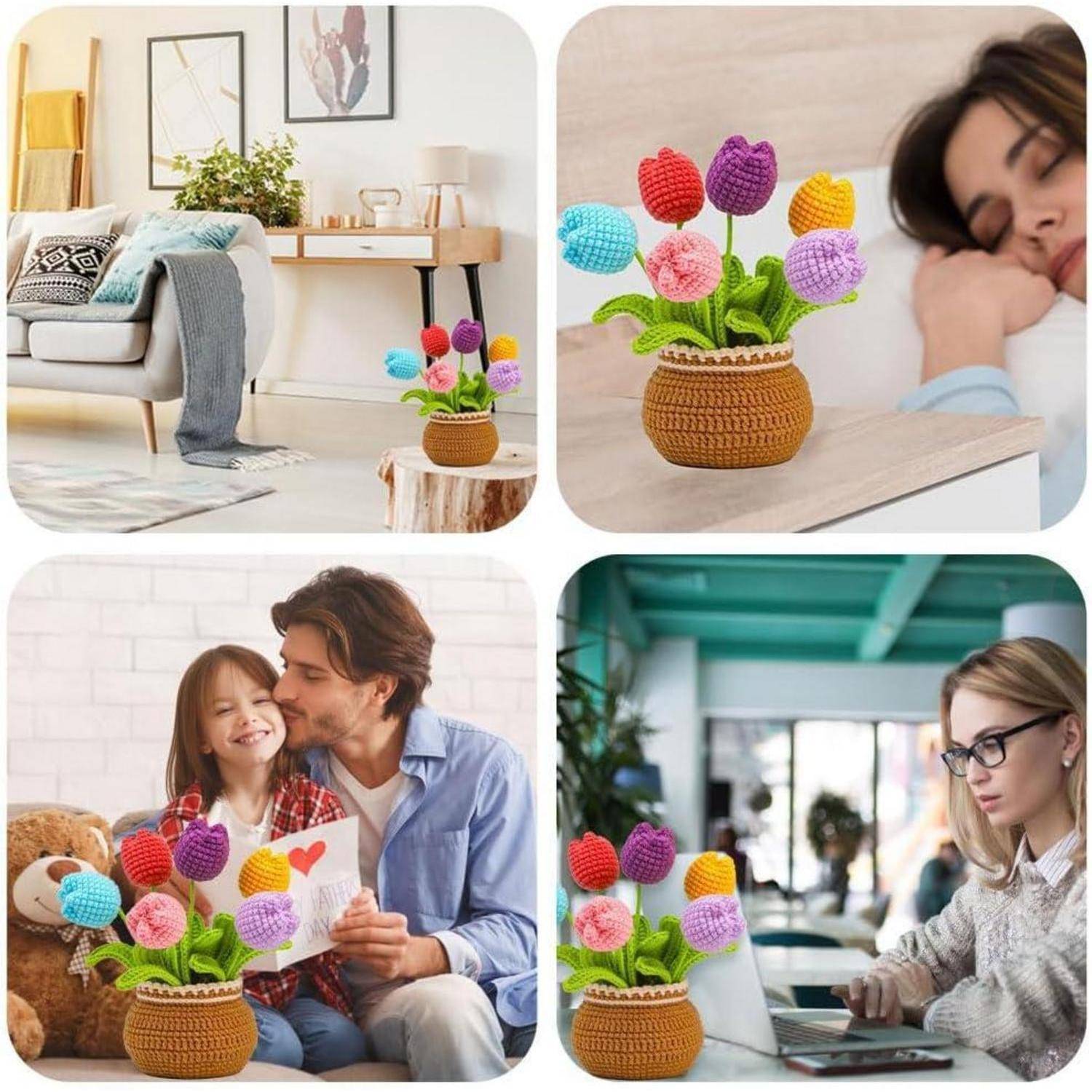 Oben links: Gemütliches Wohnzimmer mit einem gehäkelten Tulpenkorb. Oben rechts: Person, die auf einem Kissen schlafend liegt. Unten links: Lachendes Kind mit einem Erwachsenen, das eine Zeichnung hält. Unten rechts: Frau, die in einem modernen Umfeld an einem Laptop arbeitet.