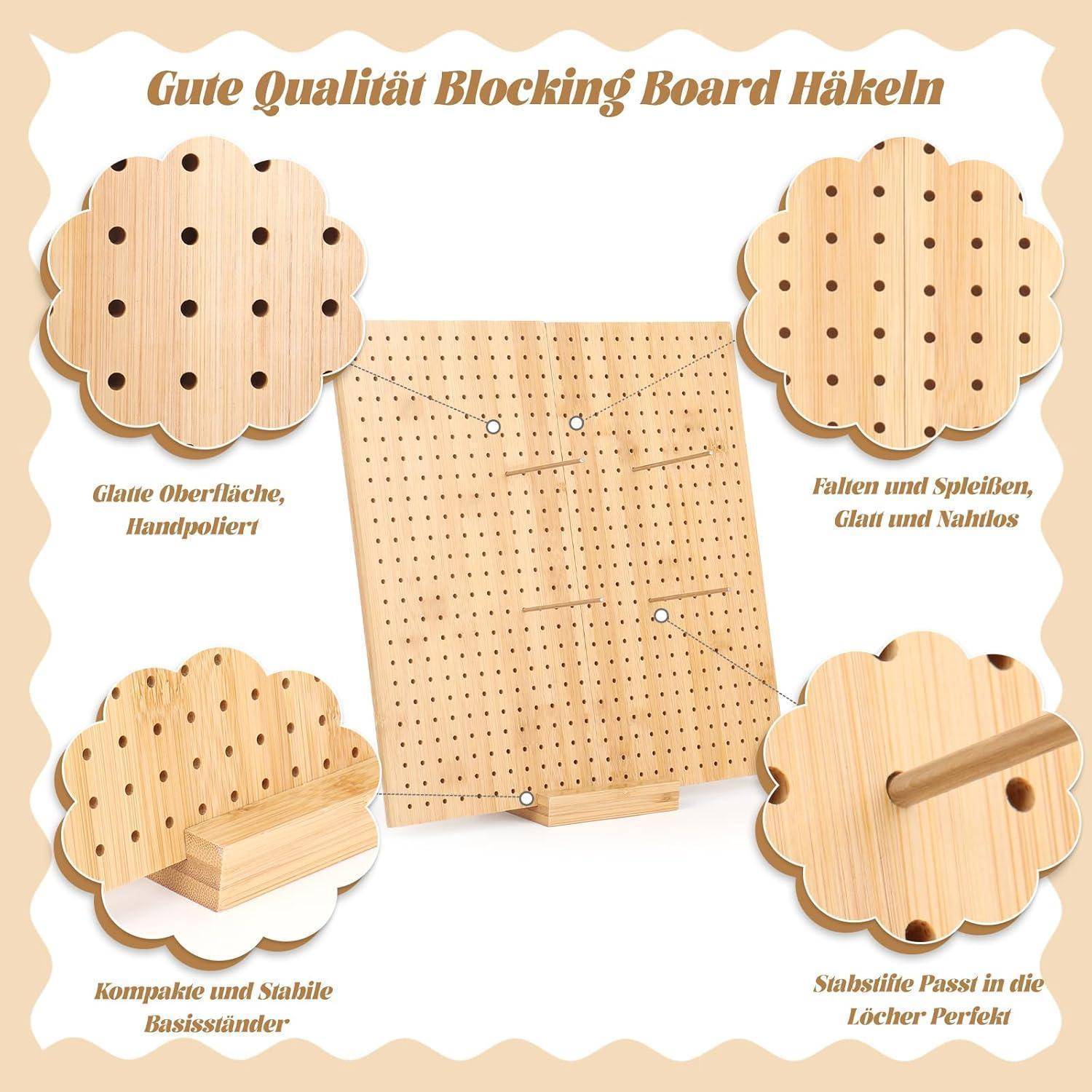 Holz-Sperrholzbrett mit mehreren Löchern, dargestellt mit Steckbolzen in verschiedenen Konfigurationen. Der Text betont seine Qualität und Eigenschaften.
