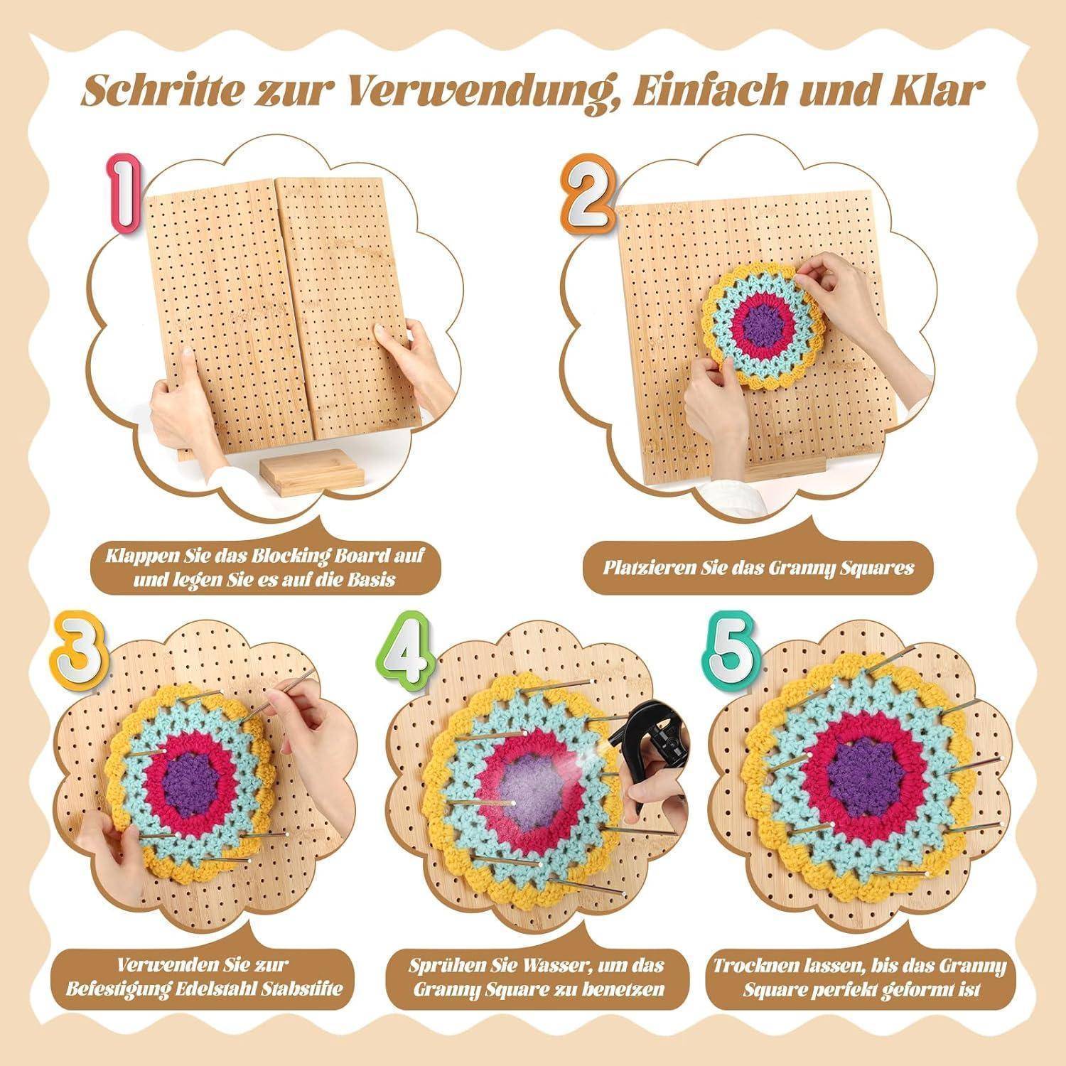 Großes Blocking Board 33x33 cm für Granny Squares Spannen mit 30