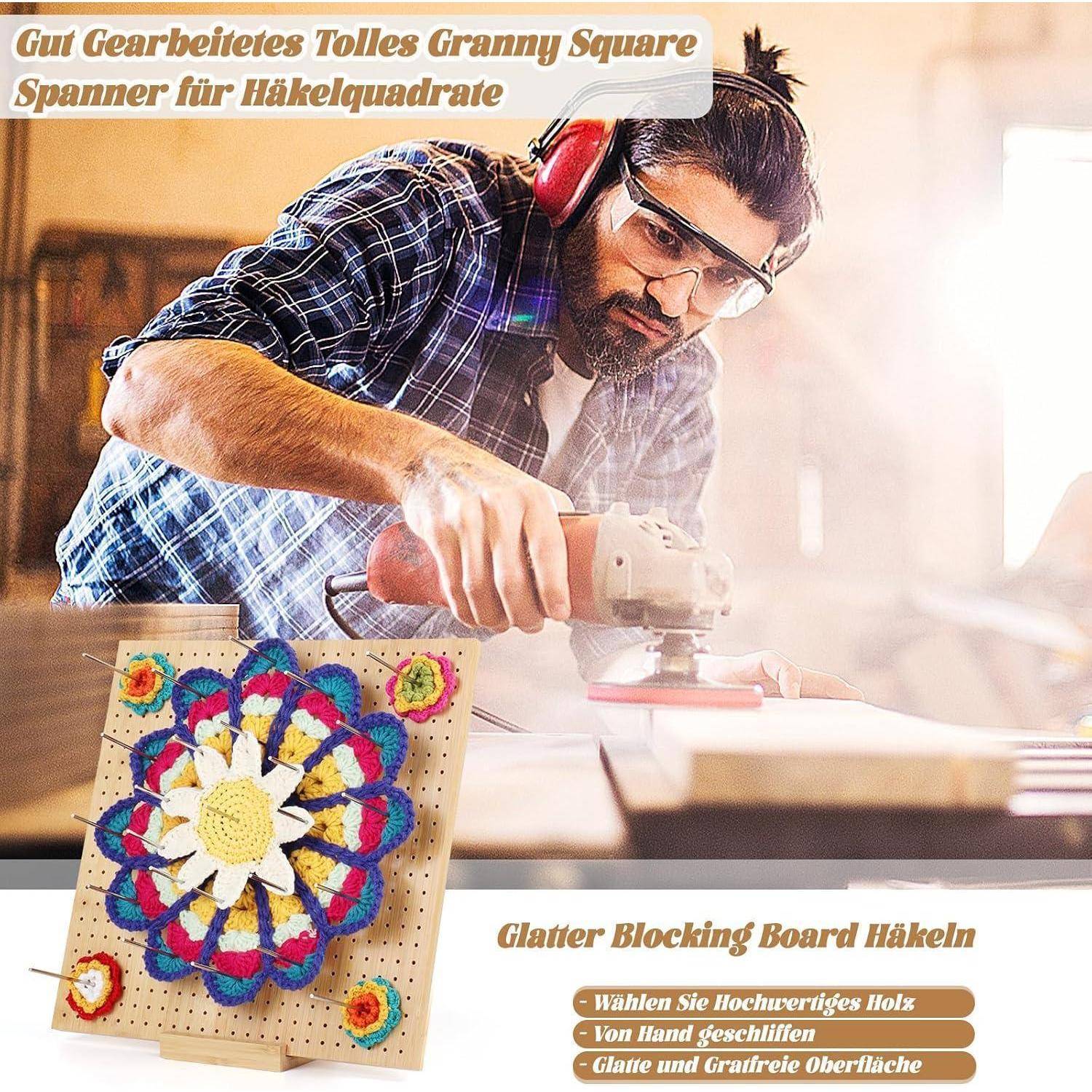 Mann schleift Holz in einer Werkstatt und verwendet ein 'Glatter Blocking Board Häkeln' für saubere Häkelquadrate. Deutscher Text über Holzbearbeitung.