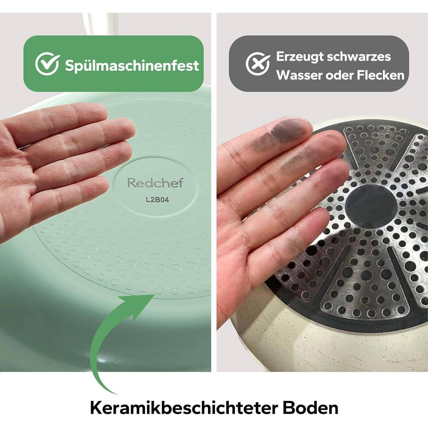 Links: 'Spülmaschinenfest', zeigt einen sauberen, grünen Topfboden mit der Aufschrift 'Redchef'. Rechts: 'Erzeugt schwarzes Wasser oder Flecken', zeigt einen schmutzigen Topfboden. Text: 'Keramikbeschichteter Boden'.