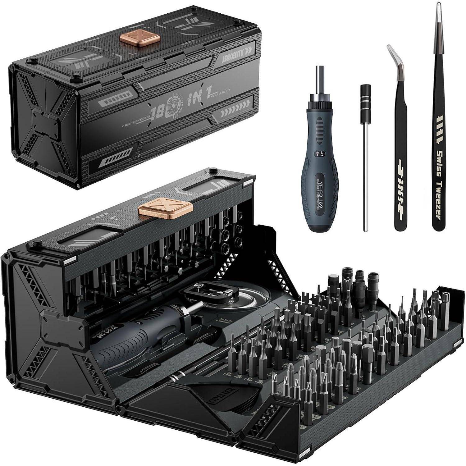 Ein schwarzes 80-in-1 Präzisionsschraubendreher-Set mit verschiedenen Bits, einem Griff, Pinzetten und anderen Werkzeugen, die ordentlich in einem Etui angeordnet sind.