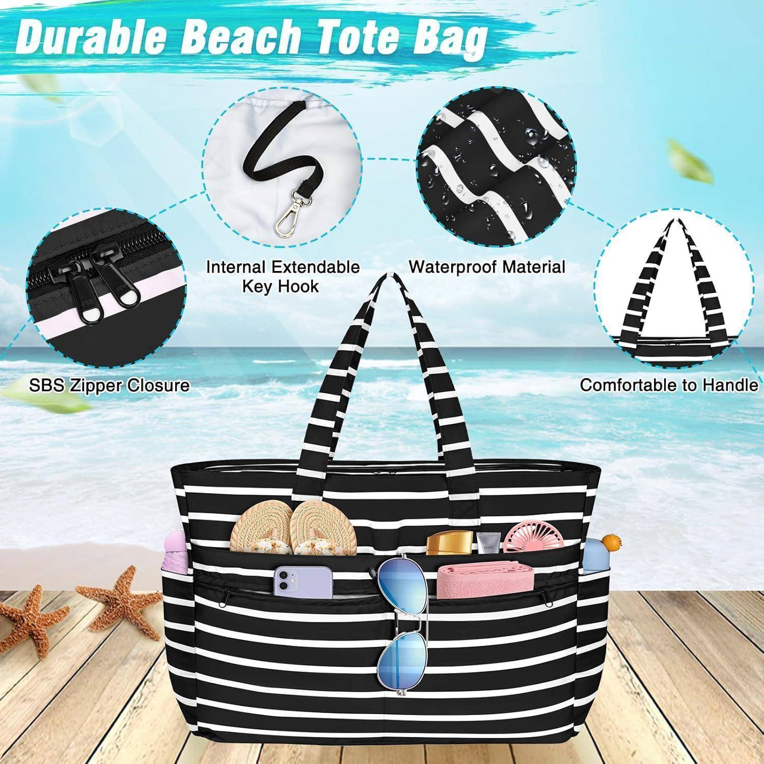 Strandtasche XXL Wasserfest mit Reißverschluss, Faltbar, 13 Taschen