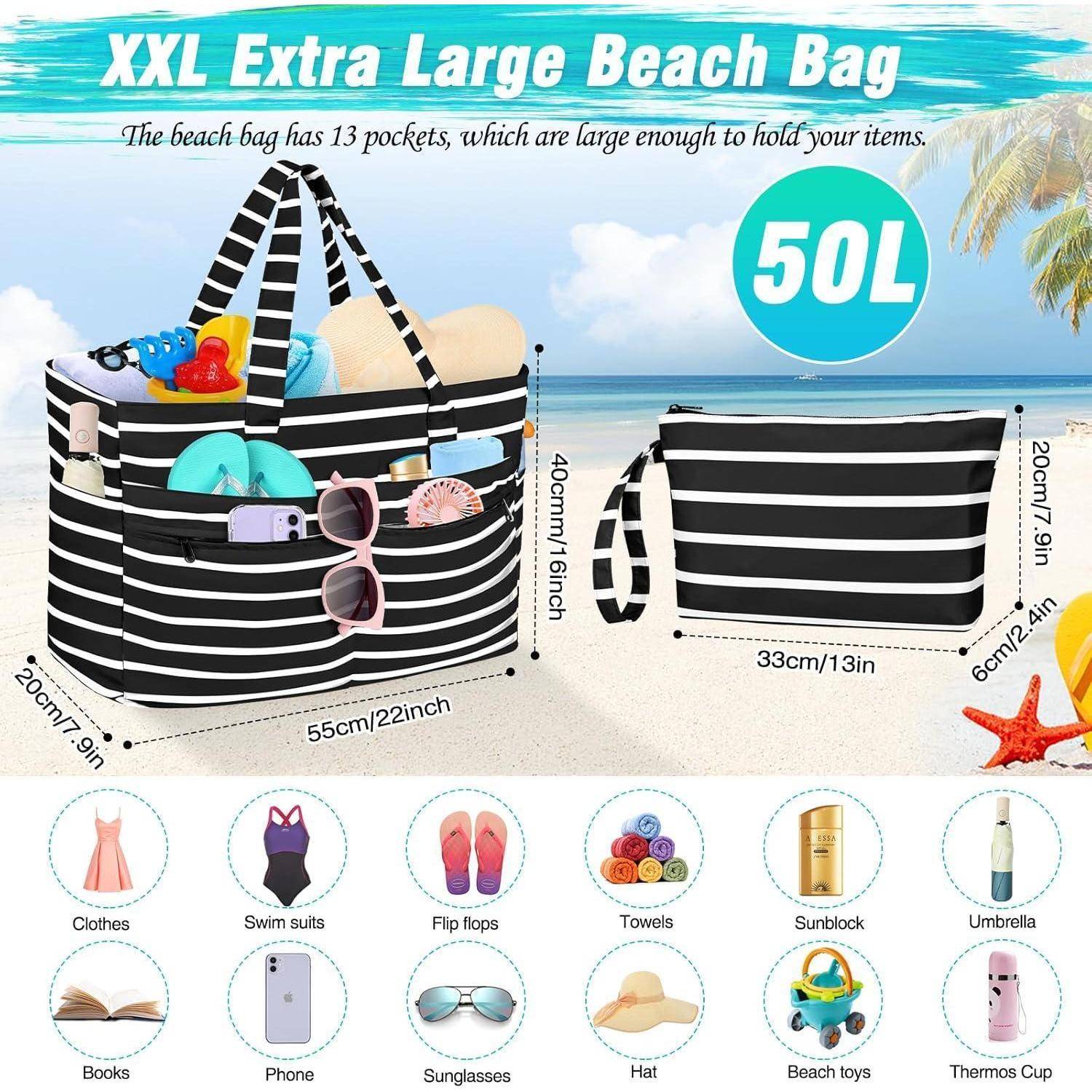 Strandtasche XXL Wasserfest mit Reißverschluss, Faltbar, 13 Taschen