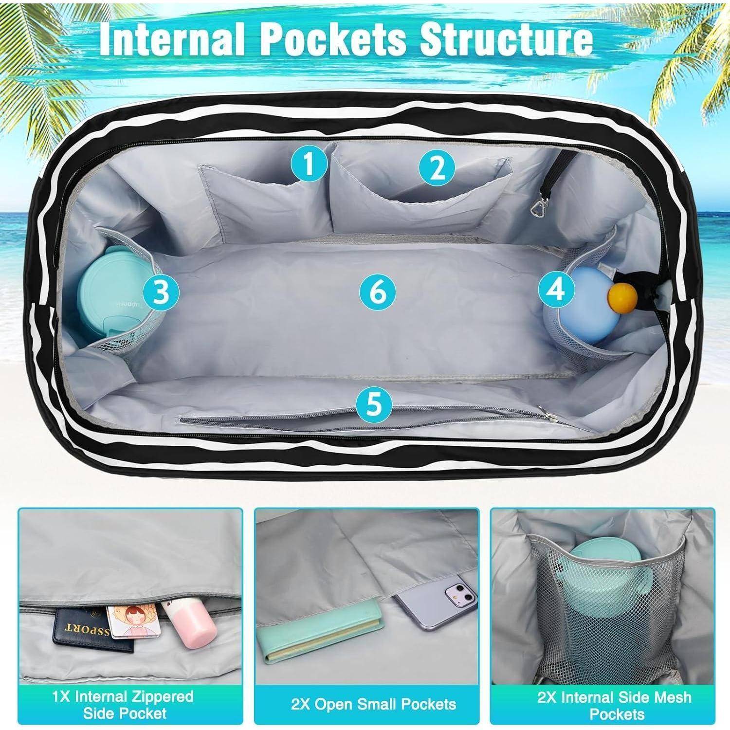 Strandtasche XXL Wasserfest mit Reißverschluss, Faltbar, 13 Taschen