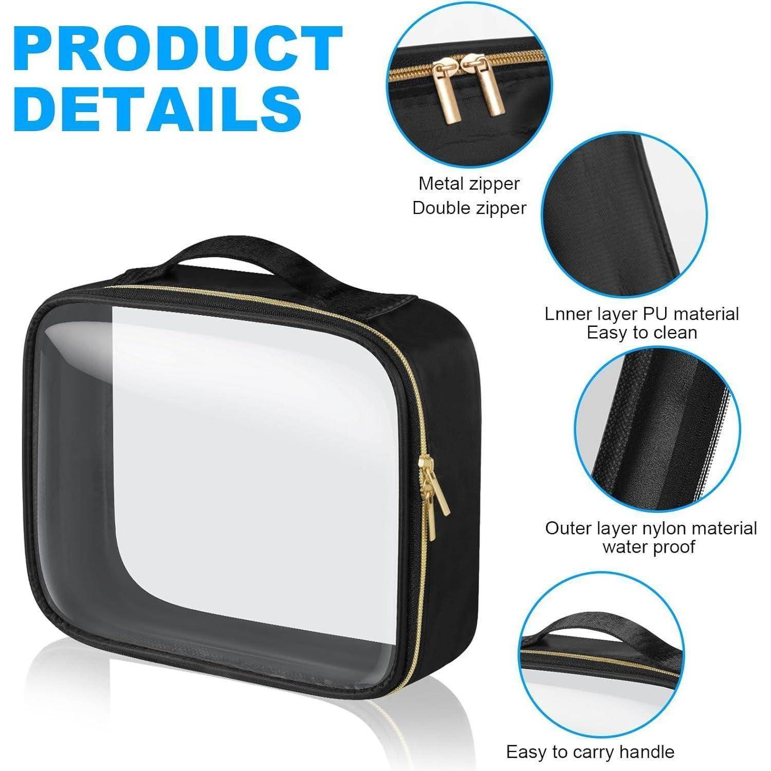 Transparente Kulturtasche mit schwarzem Rand und goldenen Reißverschlüssen. Einlagen zeigen 'Metallreißverschluss', 'Doppelreißverschluss', 'Innenschicht aus PU-Material', 'Außenschicht aus Nylonmaterial', 'Tragegriff für einfache Handhabung'.
