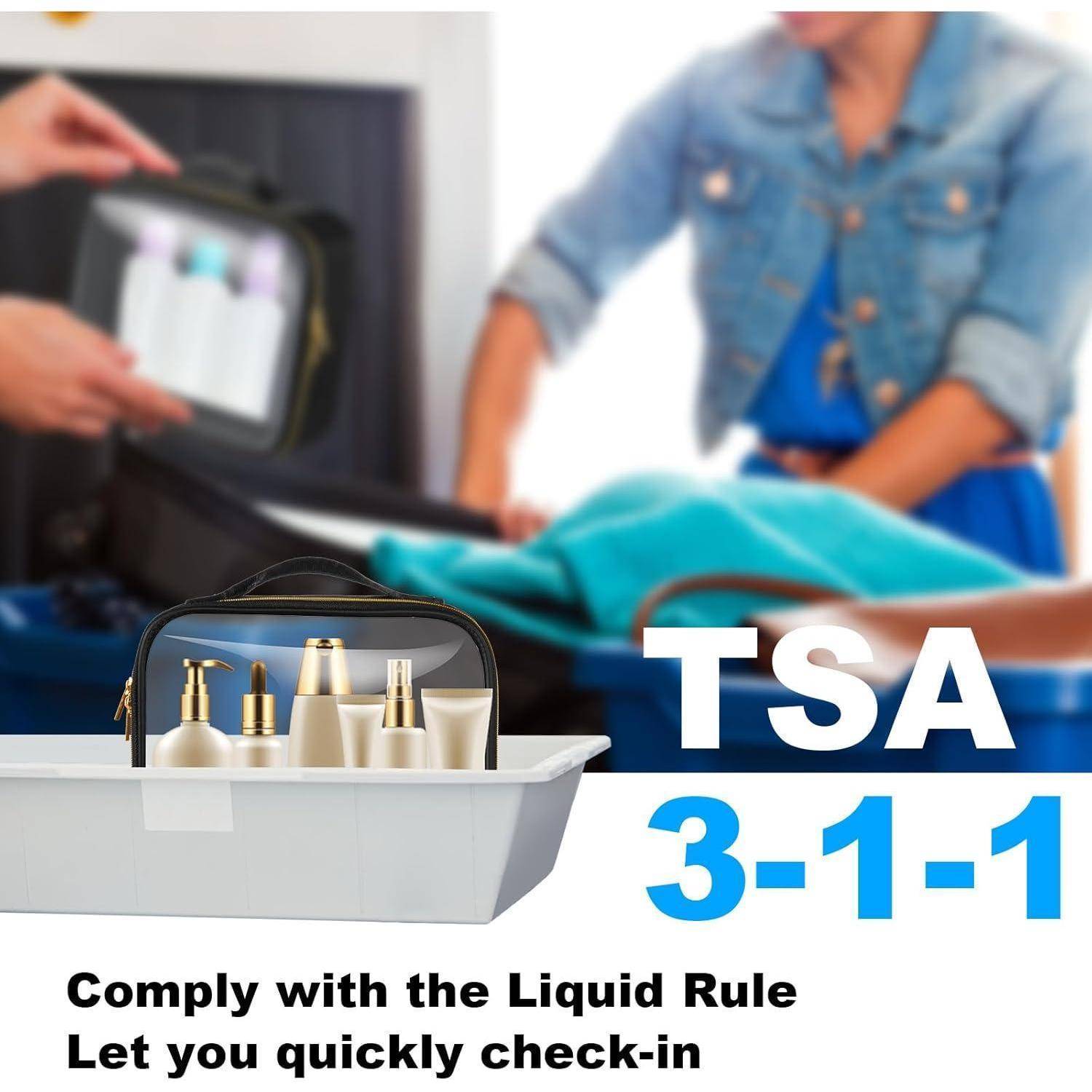 Die '3-1-1' Regel des TSA wird neben einem Tablett mit Reise-Hygieneprodukten in Kleinflaschen dargestellt. Im Hintergrund packt eine Person einen Koffer.