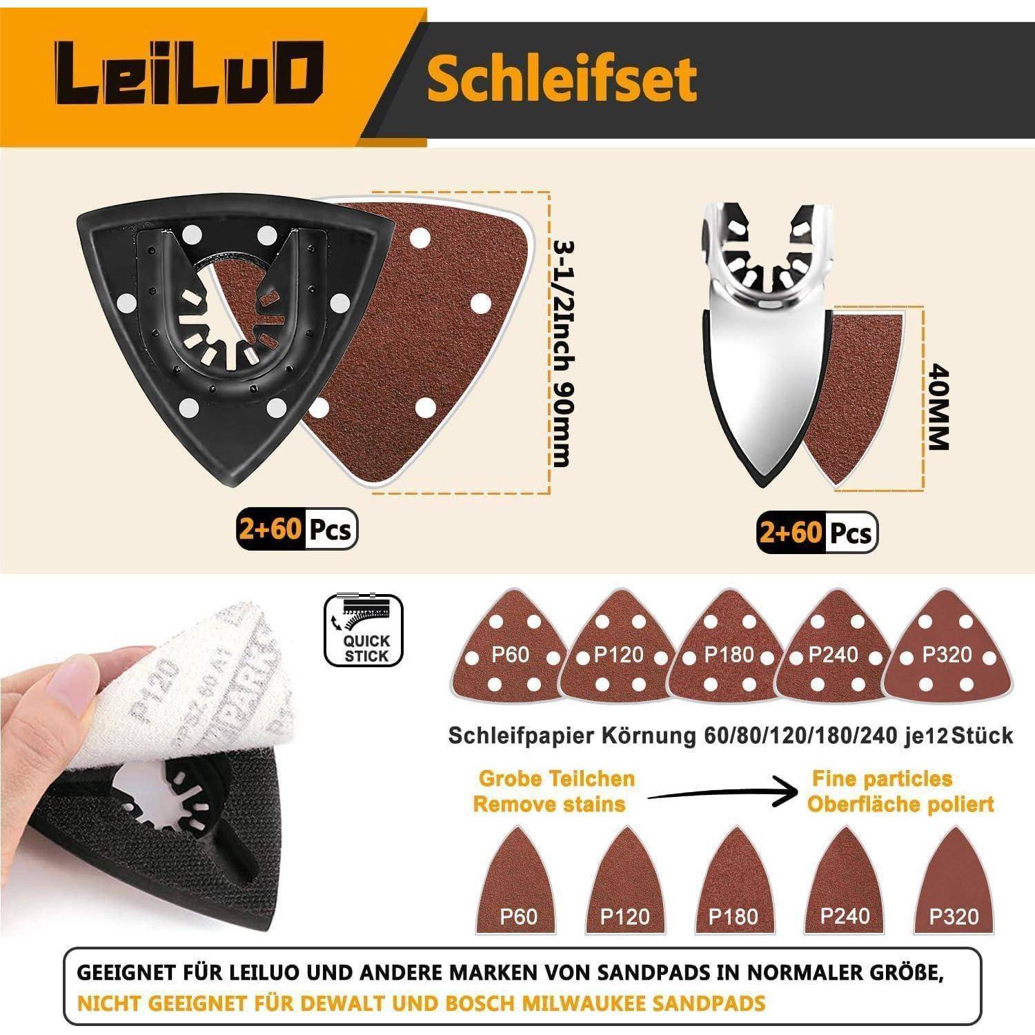 Schleifset für Multifunktionswerkzeuge mit Schleifpapieren verschiedener Körnungen: 60, 80, 120, 180, 240. Inklusive Dreiecks-Schleifaufsatz.