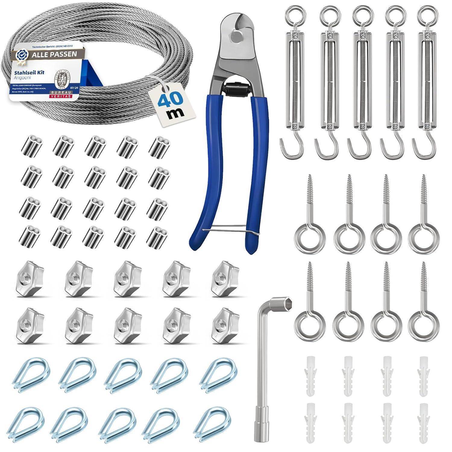 Ein Drahtseildrahtset mit Schneidern, Schellen, Kauschen, Ringschrauben, Spannschlössern und Haken, entwickelt für verschiedene Kabelspannanwendungen.