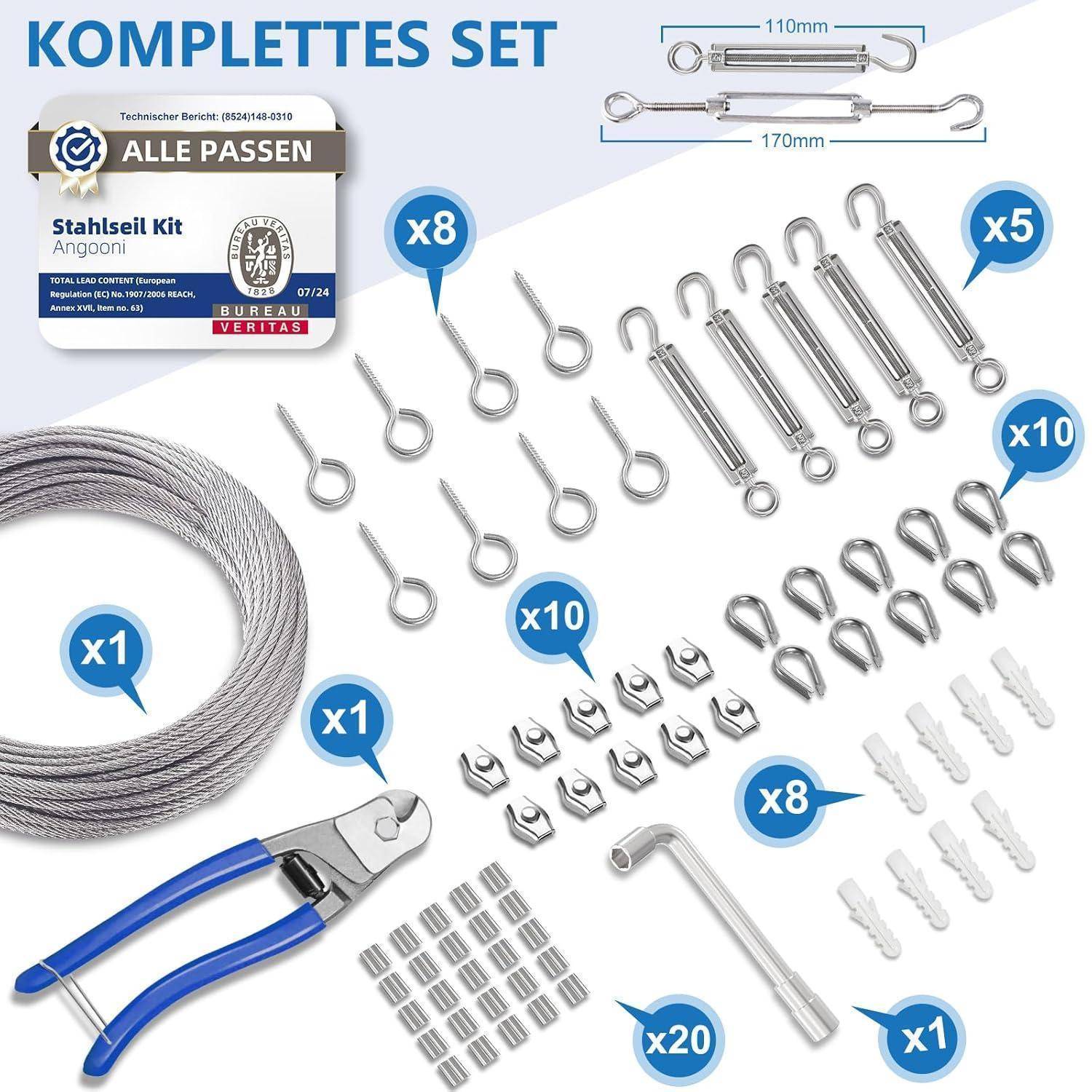 Kabelset enthält Stahlseil, Spanner, Augenschrauben, Schrauben, Clips, Haken und Drahtschneider. Verpackung mit Aufschrift 'Komplettes Set'.