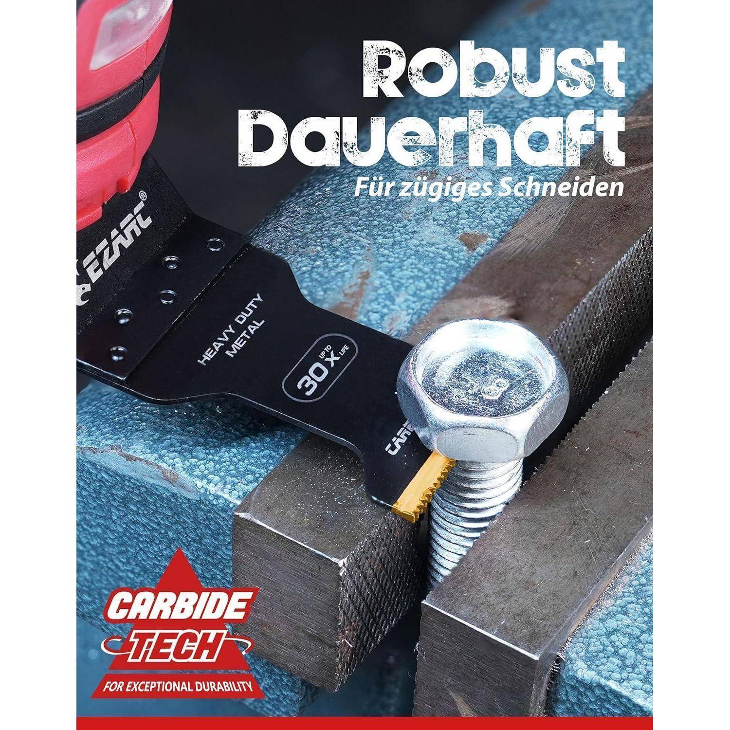 Ein Werkzeug, das einen in einem Schraubstock eingeklemmten Bolzen schneidet, mit Text: 'Robust Dauerhaft für zügiges Schneiden' und 'Carbide Tech für außergewöhnliche Haltbarkeit'.