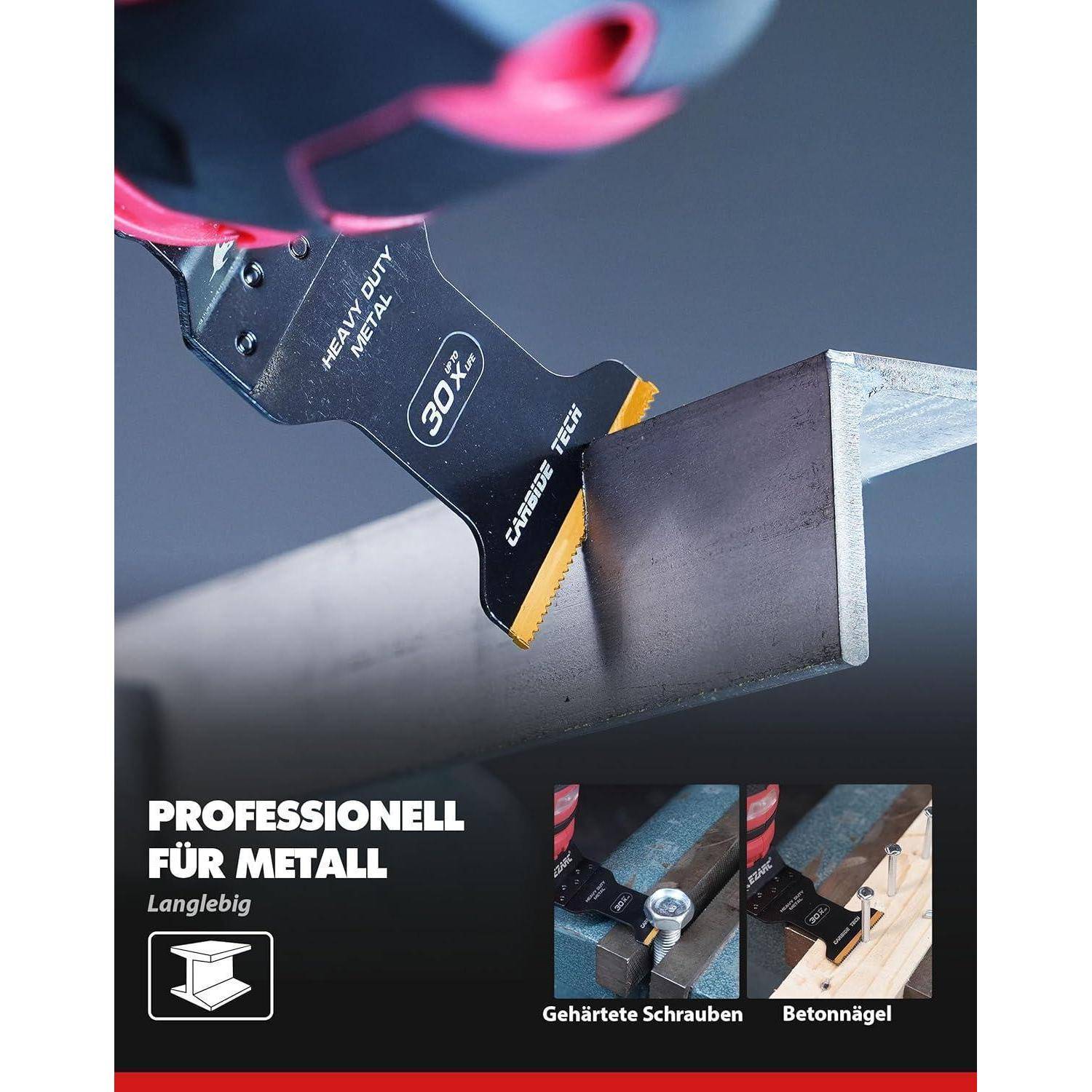 Eine Sägeblatt, das durch eine Metallstange schneidet, mit der Bezeichnung 'Heavy Duty Metal' und dem Hinweis '30x längere Lebensdauer'. Text darunter liest sich 'Professionell für Metall.