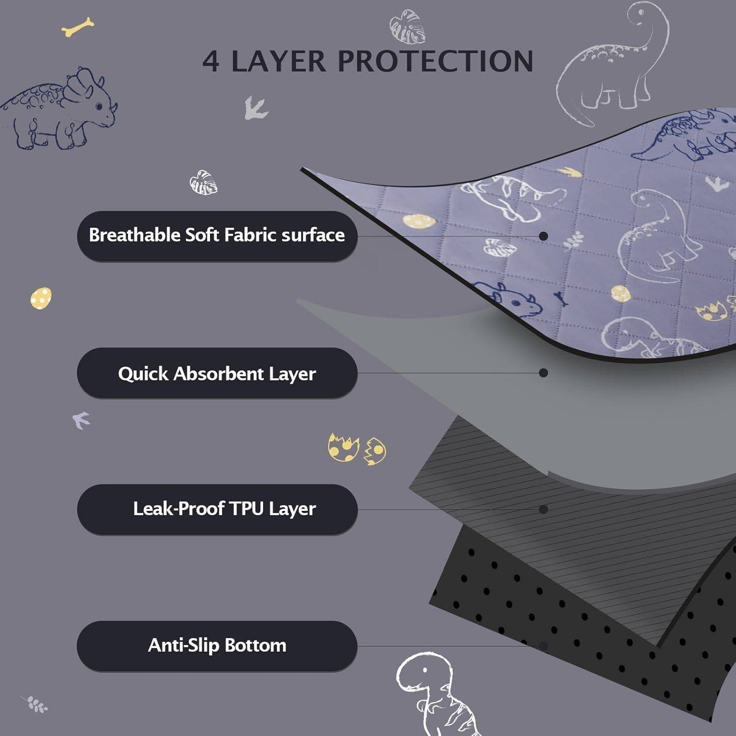 Design der '4-Schichten-Schutz' Windel verfügt über eine atmungsaktive Stoffoberfläche, einen schnell absorbierenden Kern, eine auslaufsichere TPU-Schicht und einen rutschfesten Boden. Illustriert mit verspielten Tiergrafiken.