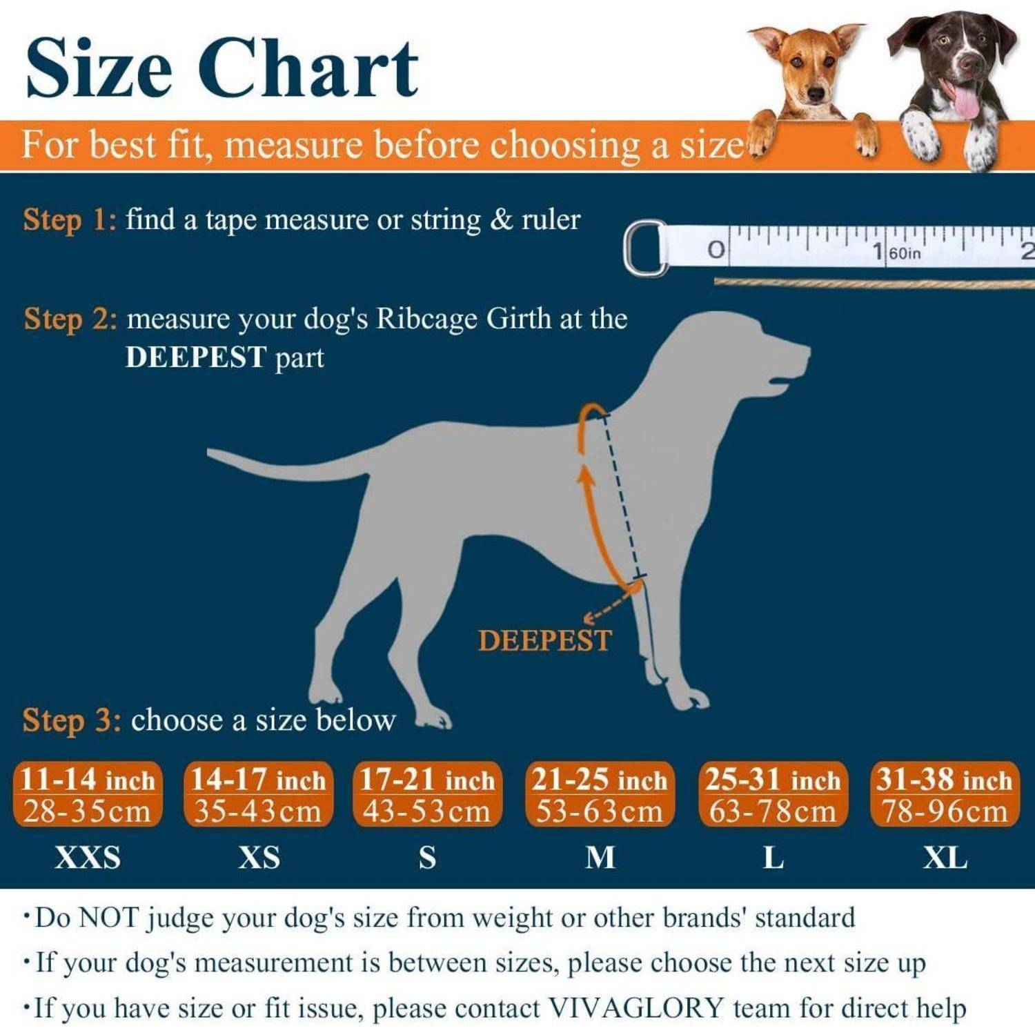 Hunde-Größentabelle: Messen Sie den Brustumfang Ihres Hundes für die optimale Passform und wählen Sie die Größe von XS bis XL. Vermeiden Sie die Verwendung von Gewicht oder Größenangaben anderer Marken als Orientierung.