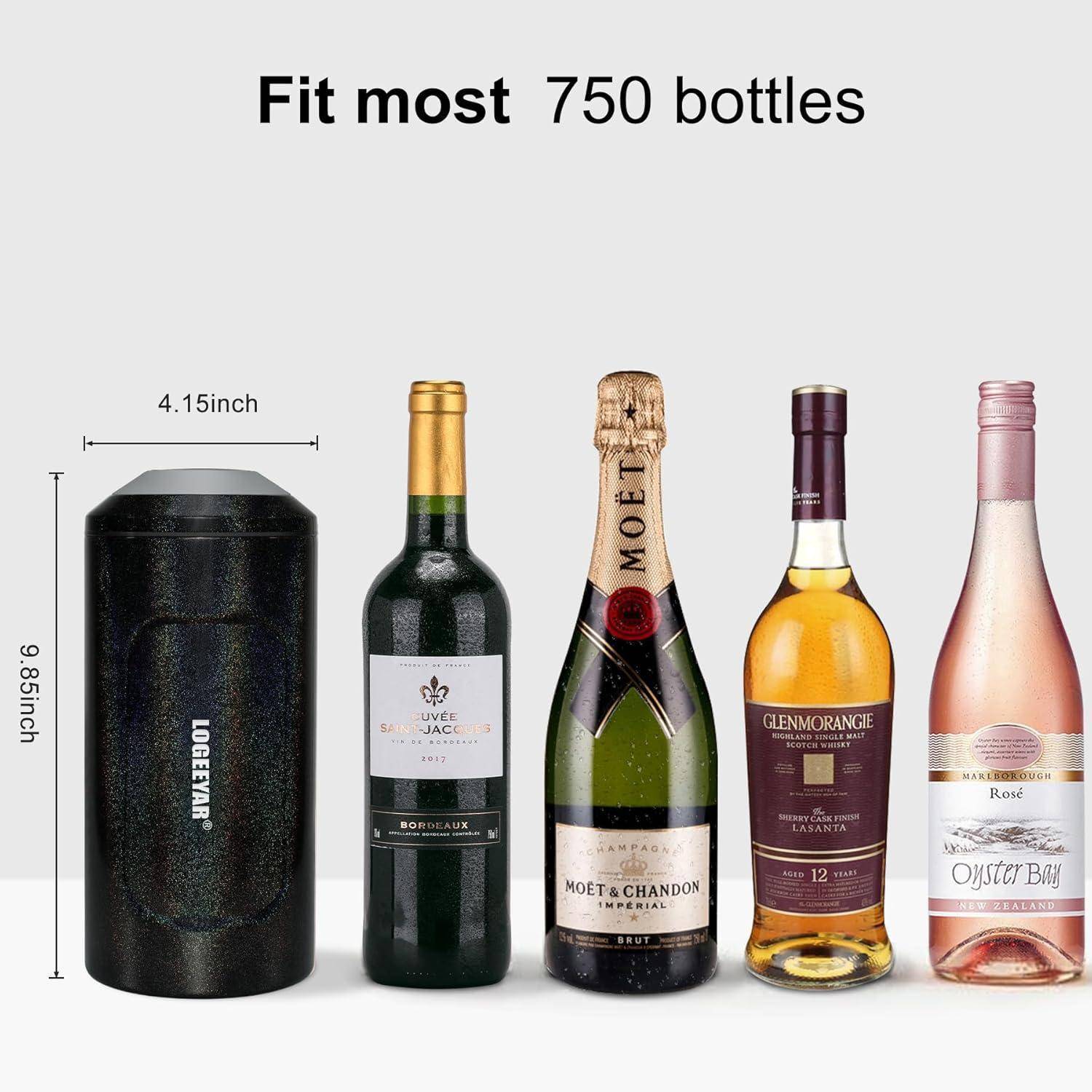 Fünf Flaschen verschiedener Weine und ein schwarzer Weinkühler werden gezeigt, um die Kapazität des Kühlers zu demonstrieren, die die meisten 750-ml-Flaschen aufnehmen kann.