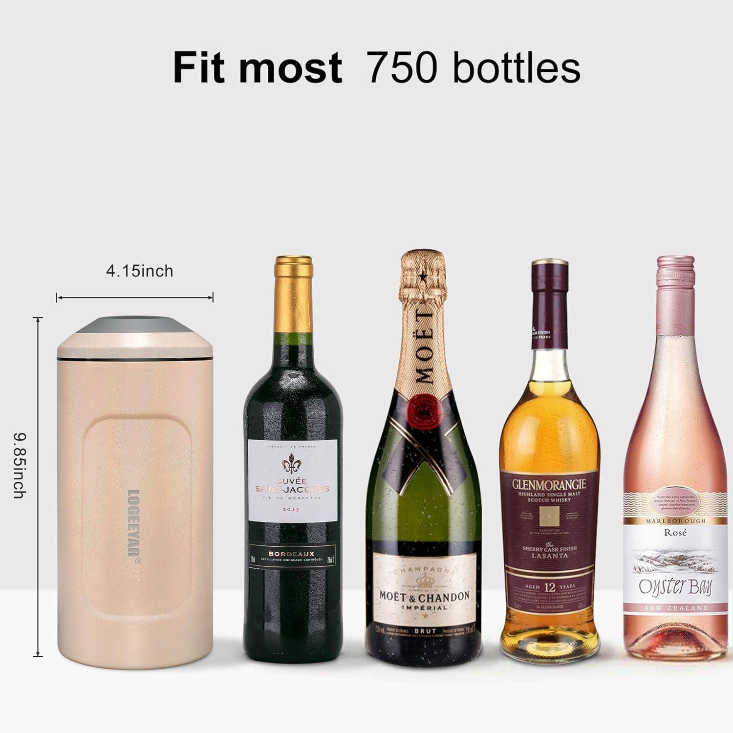 Bild einer Champagnerflasche, Weinflaschen und eines Flaschenhalters mit Maßangaben. Text 