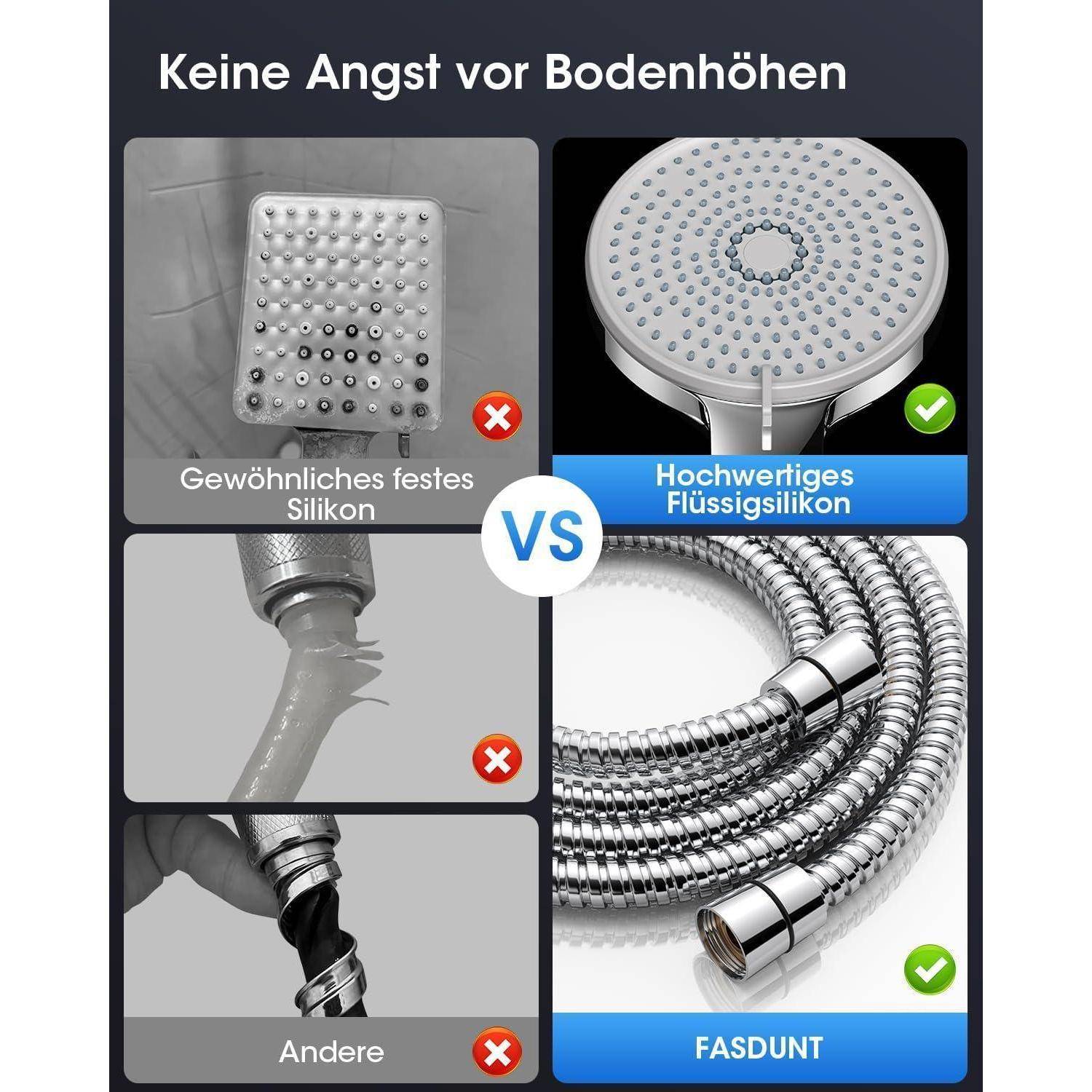 Vergleich von Duschköpfen und Schläuchen. Linke Seite zeigt 'Gewöhnliches festes Silikon', rechte Seite zeigt 'Hochwertiges Flüssigsilikon'. Linke Schläuche mit rotem 'X' markiert, rechte mit blauem 'Haken' markiert.